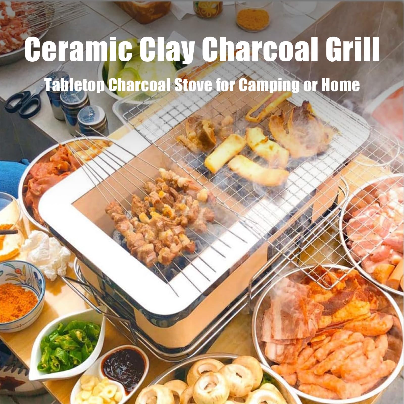 Mini fornello da tavolo a carbone con prese d'aria regolabili per cucinare a casa e campeggio, barbecue portatile in ceramica con design ribaltabile, perfetto per uso esterno