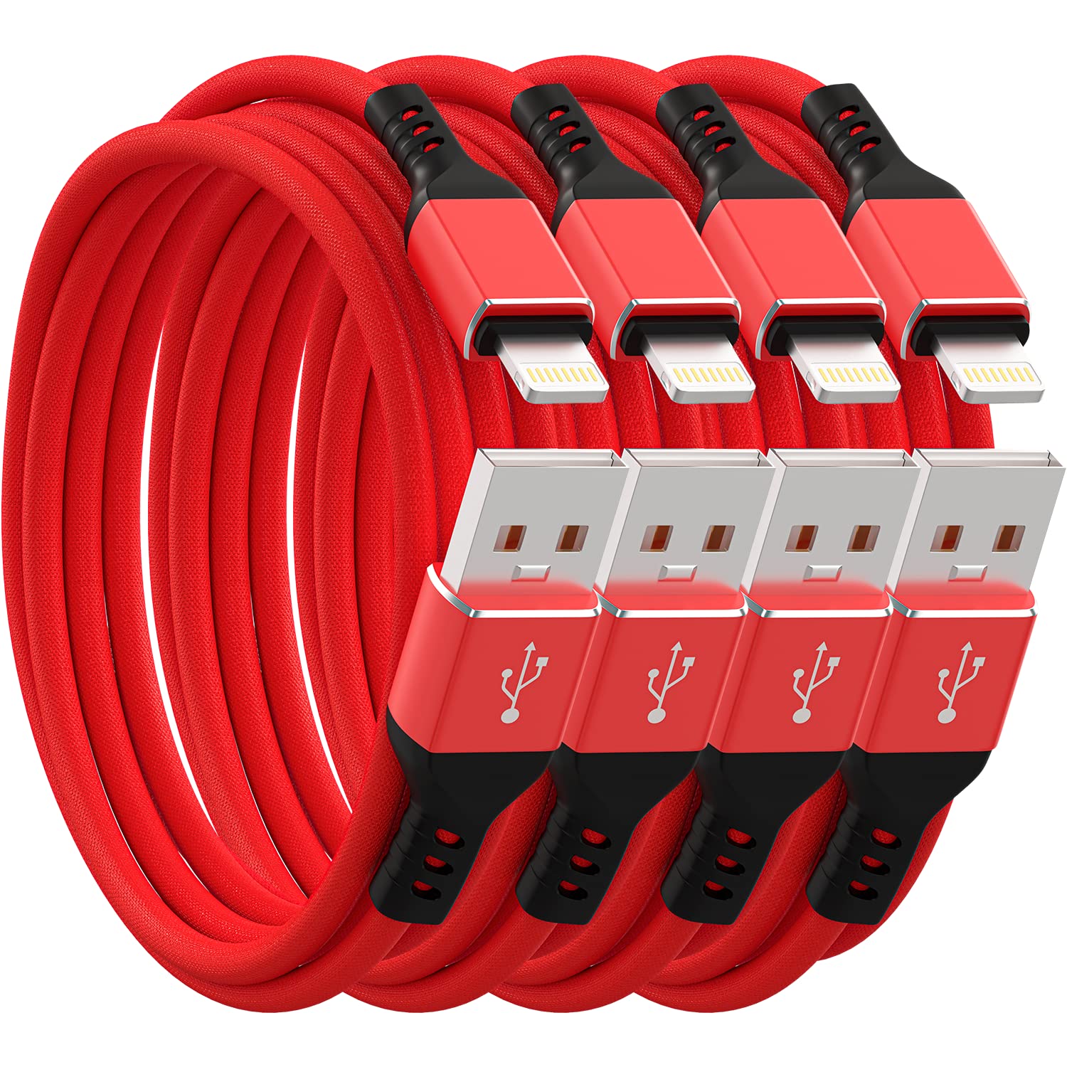 Ironten iPhone Charger Cable, Apple MFi Certified 4 Pack 6 FT Red Long Lightning Fast Charging High Speed Data Sync USB Cable Compatible iPhone 14 13