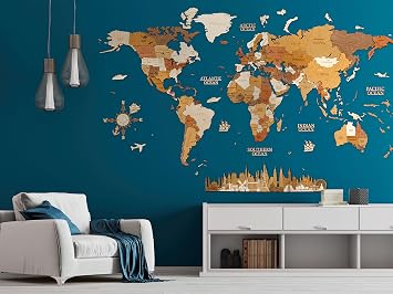Wooden World Map Wall Decoration - Multilayered, Multicolour Stained Wood, Engraved Names - Unique 3D Effect - For Living Room, Office & Bedroom - MEGA Explorer 300x175 cm