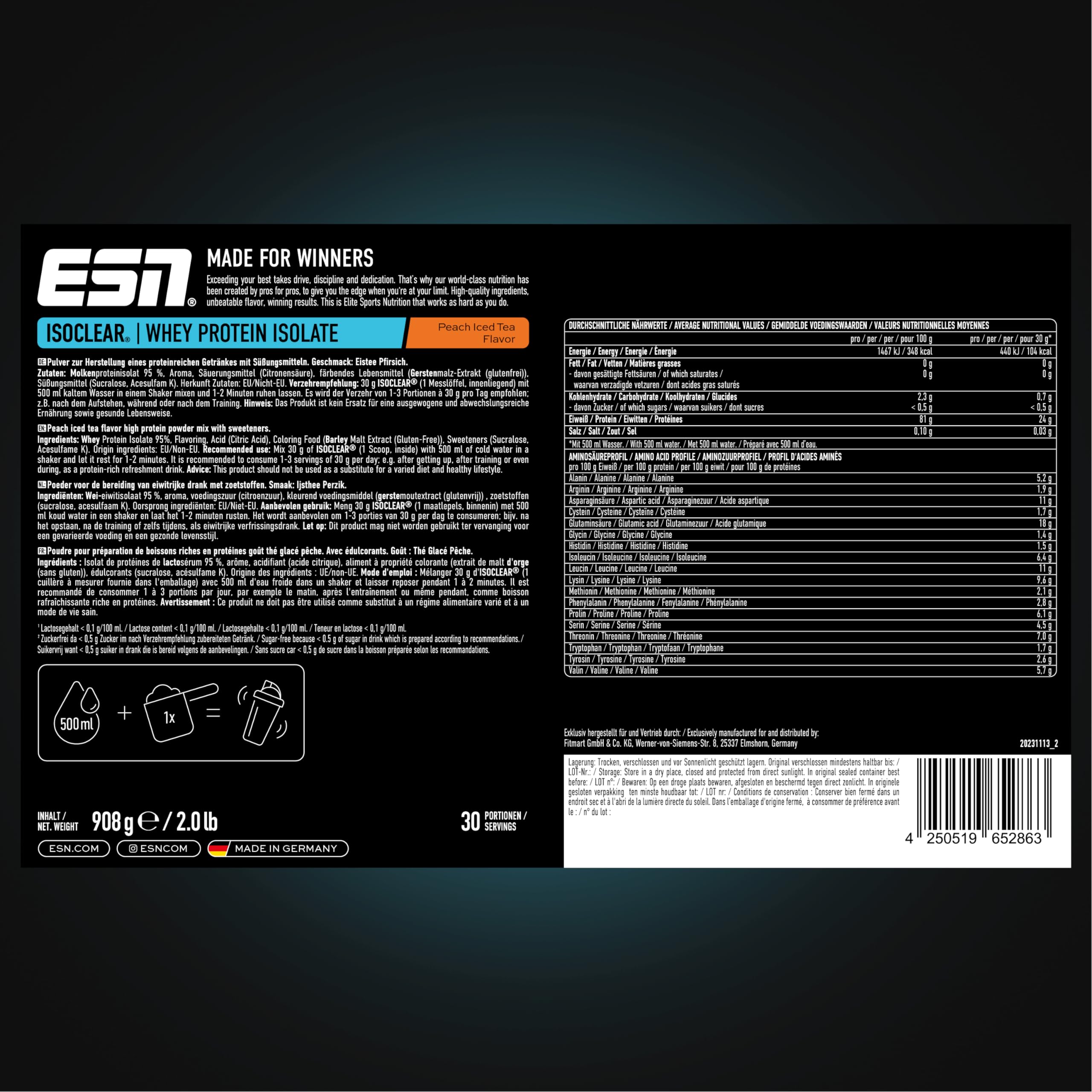 ESN ISOCLEAR Whey Isolate Protein Pulver, Peach Iced Tea, 908 g, Clear Whey