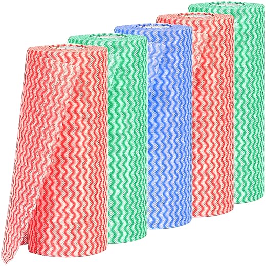 Frasheng Paño de Limpieza Desechable,Mojado y seco Trapos de Cocina Desechables De Cocina, Reutilizable,Tela no Tejida, Antiadherente 5 Rollos,50 Hojas por Rollo