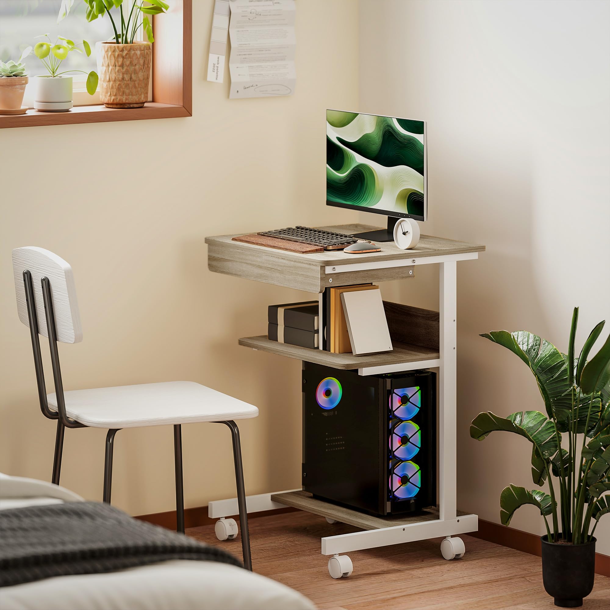 HOMCOM Scrivania Tavolo per Computer, Cassetto, 4 Rotelle, 56x51 cm, Rovere | Scrivania da Ufficio, 4 Rotelle, 2 Ripiani Aperti, Postazione di Lavoro con Supporto CPU, per Studio