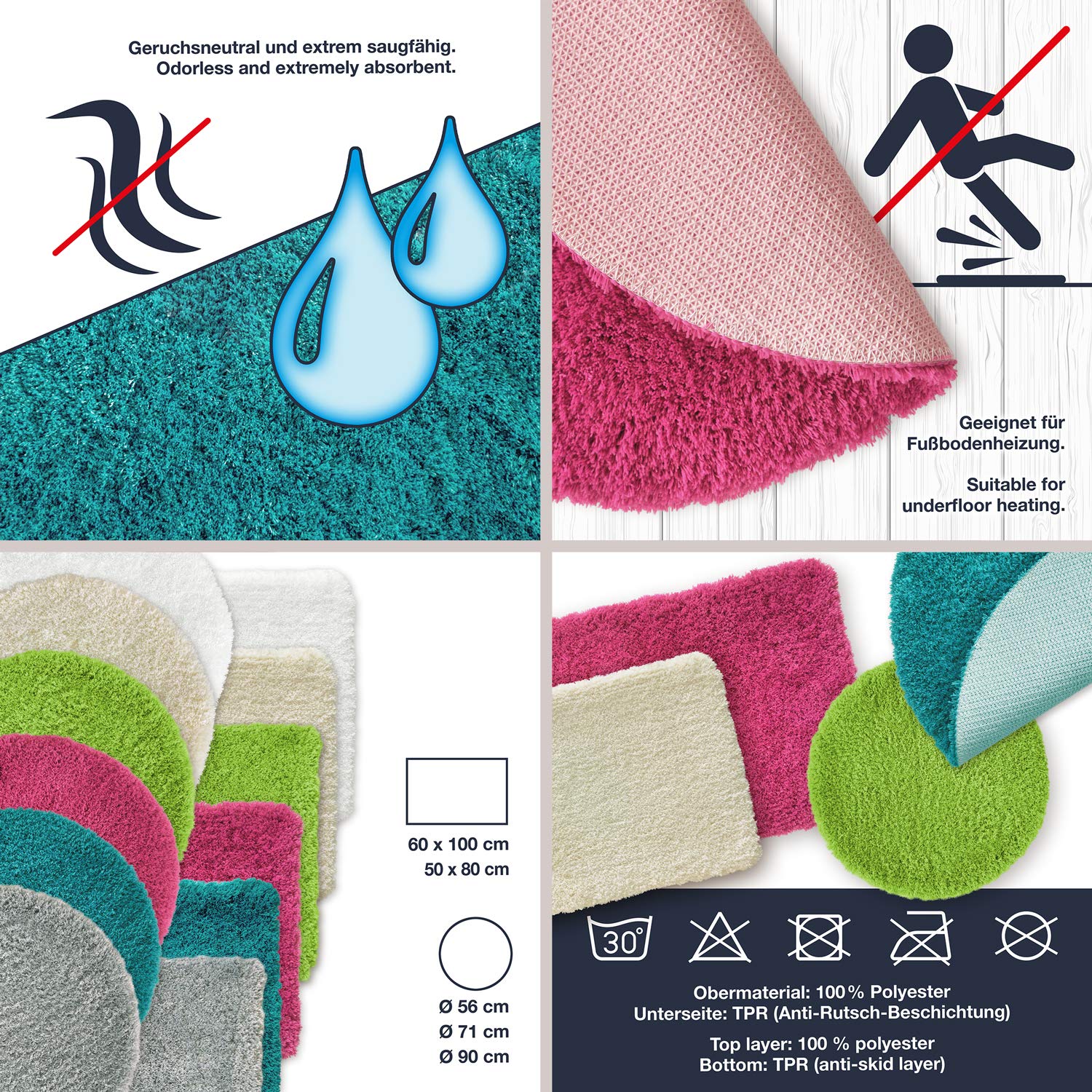 WohnDirect Premium Premium Badematten Set 2tlg. • Badvorleger Duschmatte • rutschfest & Waschbar • Badteppich, Badezimmerteppich Set Grau • 2er Set (50x80cm + 60x100cm)
