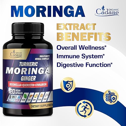 Miniatura 6 de Organic Cadane Suplemento de hoja de moringa, cúrcuma, jengibre, suministro para 2 meses, apoyo para el corazón, el cerebro y el sistema