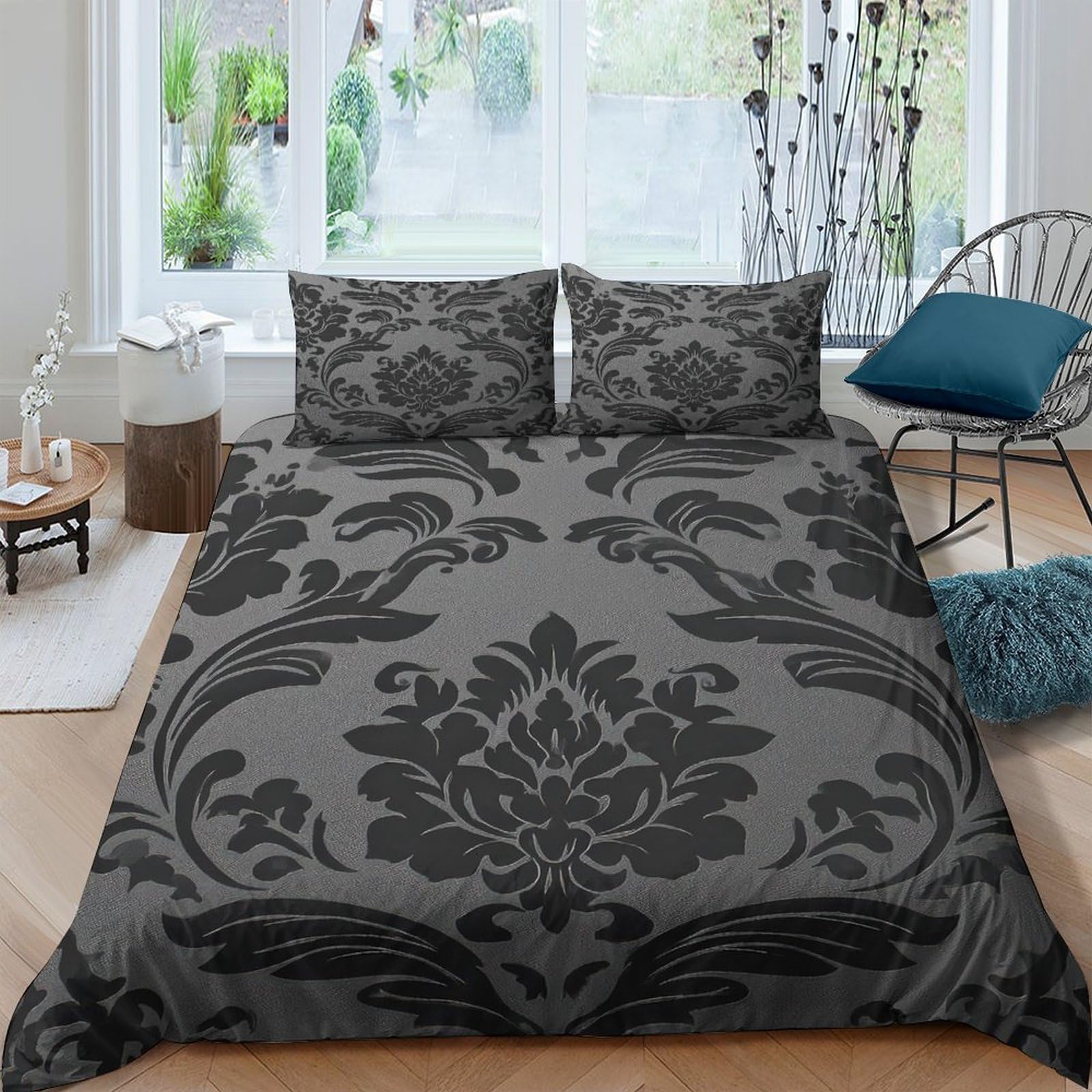 GPLZQXKJNH 3D Printed Baroque Floral Duvet Cover Microfiber Soft Breathable Damask Bedding Set with 2 Pillowcases for Bedroom Decor Single（135x200cm）