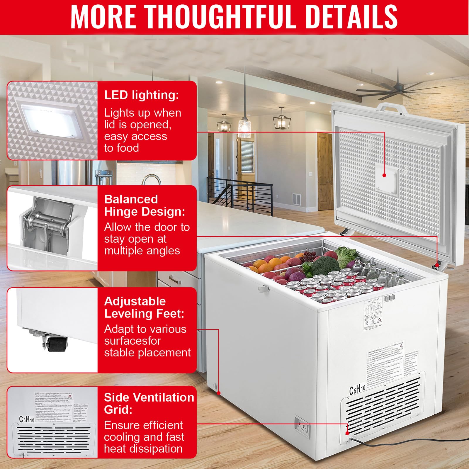 Happybuy Chest Freezer, 12.8 Cu.Ft / 345 L Large Deep Freezer; 4 Removable Baskets; Freestanding, Top Open Door, Locking Lid, 7-Level Temp, LED Light, 6 Wheels on Fridge.com - View 6