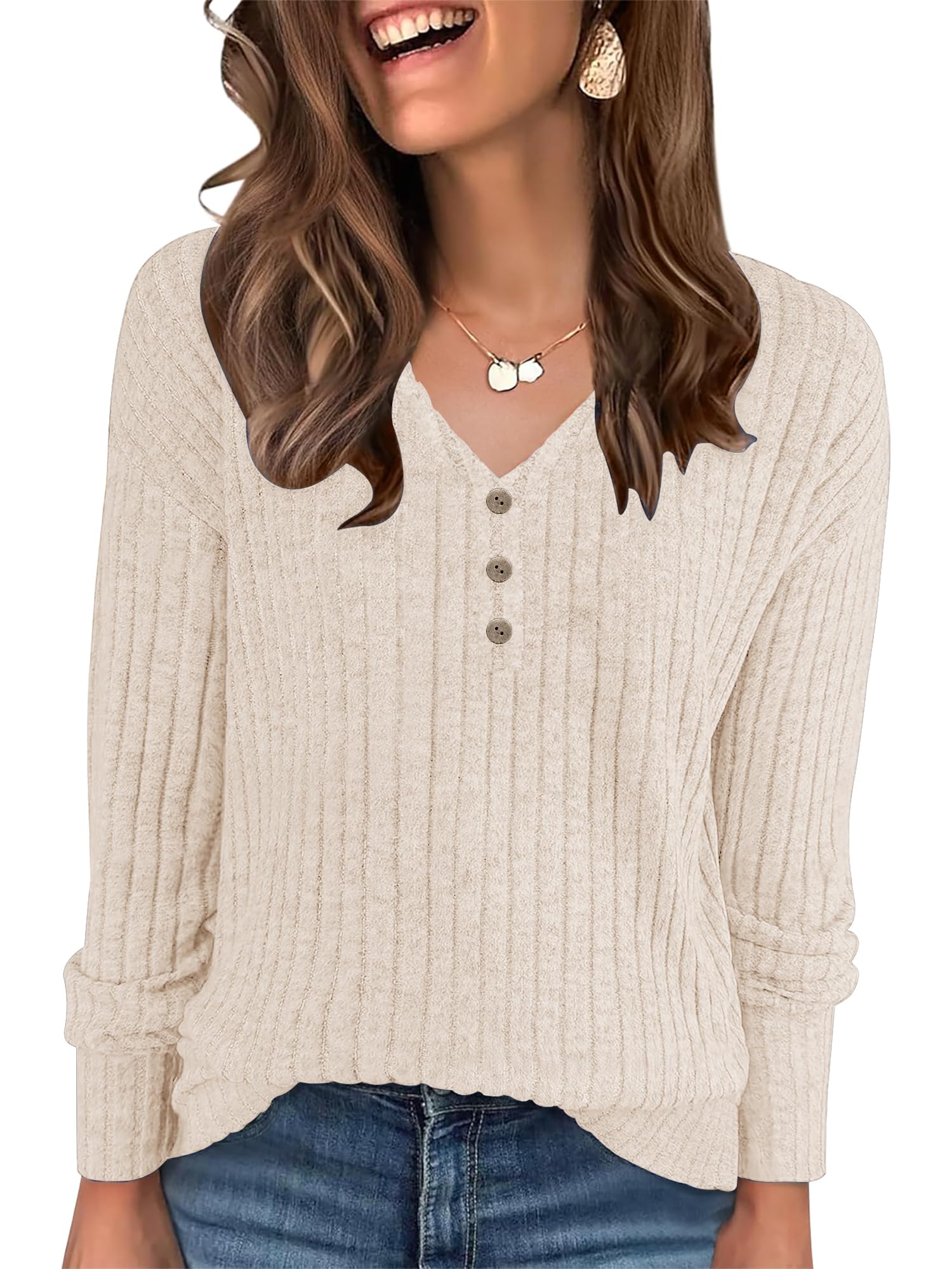 onlypuff Long Sleeve Shirts for Women V Neck Casual Fall Tops Loose Fit Lightweight Sweaters Tunic Fashion Clothes