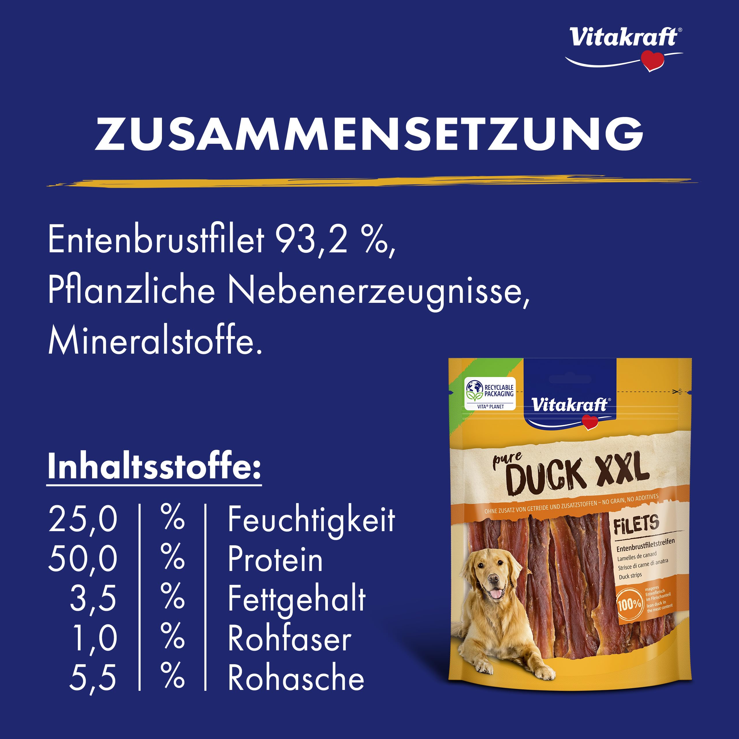 Vitakraft Pure Duck XXL Filet, Hundeleckerli, Entenbrustfiletstreifen, Hunde Trainingsleckerli, ohne Zusatz von Zucker (6x 250g)