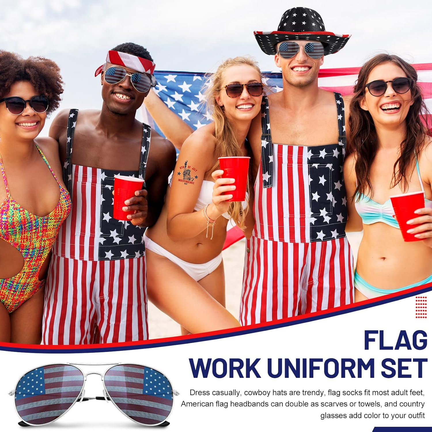 Mepase 15 Pcs American Flag Overalls for Men Women 250 Anniversary 4th of July Overalls Cowboy Hat Sunglasses Sock Stickers