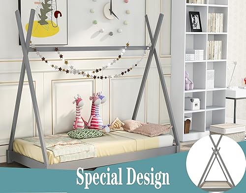 Miniatura 4 de Cama de plataforma de madera de tamaño individual con estructura triangular, marco de cama individual para niños, niñas, adolescentes, no necesita