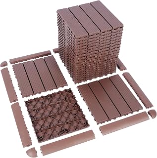 tonchean 44-Pack Interlocking Plastic Deck Tiles 11.8x11.8in - All-Weather Outdoor Patio Flooring for Balcony, Poolside, Backyard (Brown)