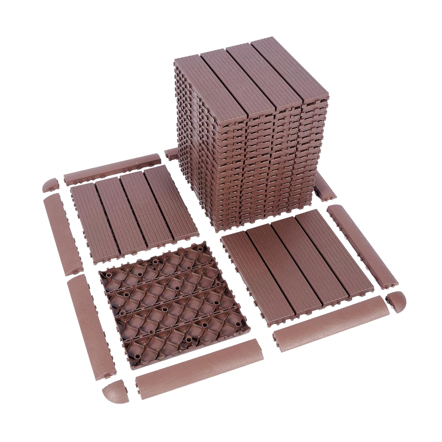 tonchean 44-Pack Interlocking Plastic Deck Tiles 11.8x11.8in - All-Weather Outdoor Patio Flooring for Balcony, Poolside, Backyard (Brown)