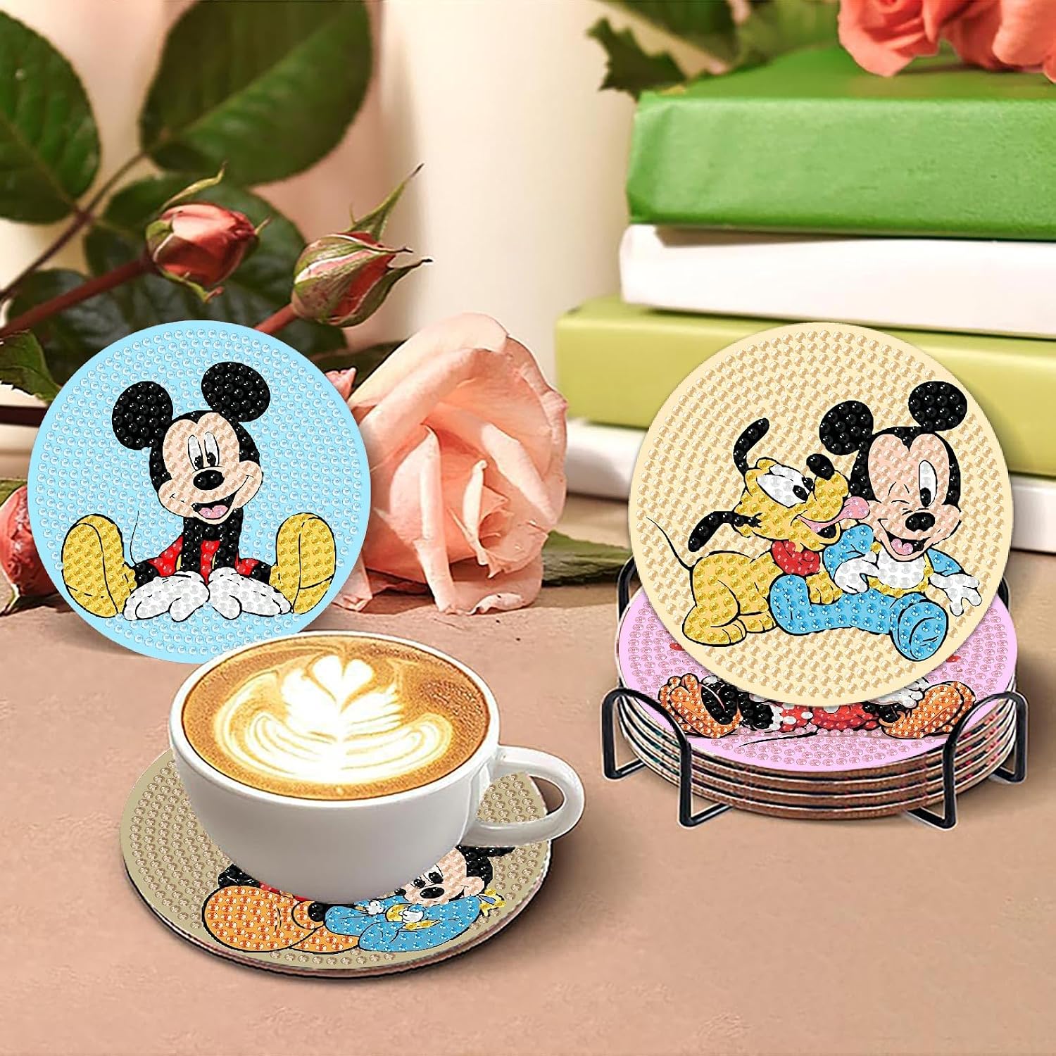 nekpiahu 8Pcs Cartoon Diamond Painting Coasters with Holder,DIY Cartoon Life Coaster Diamond Art Kits for Adults, Beginners Round Full Drill Diamond Art Craft Supplies