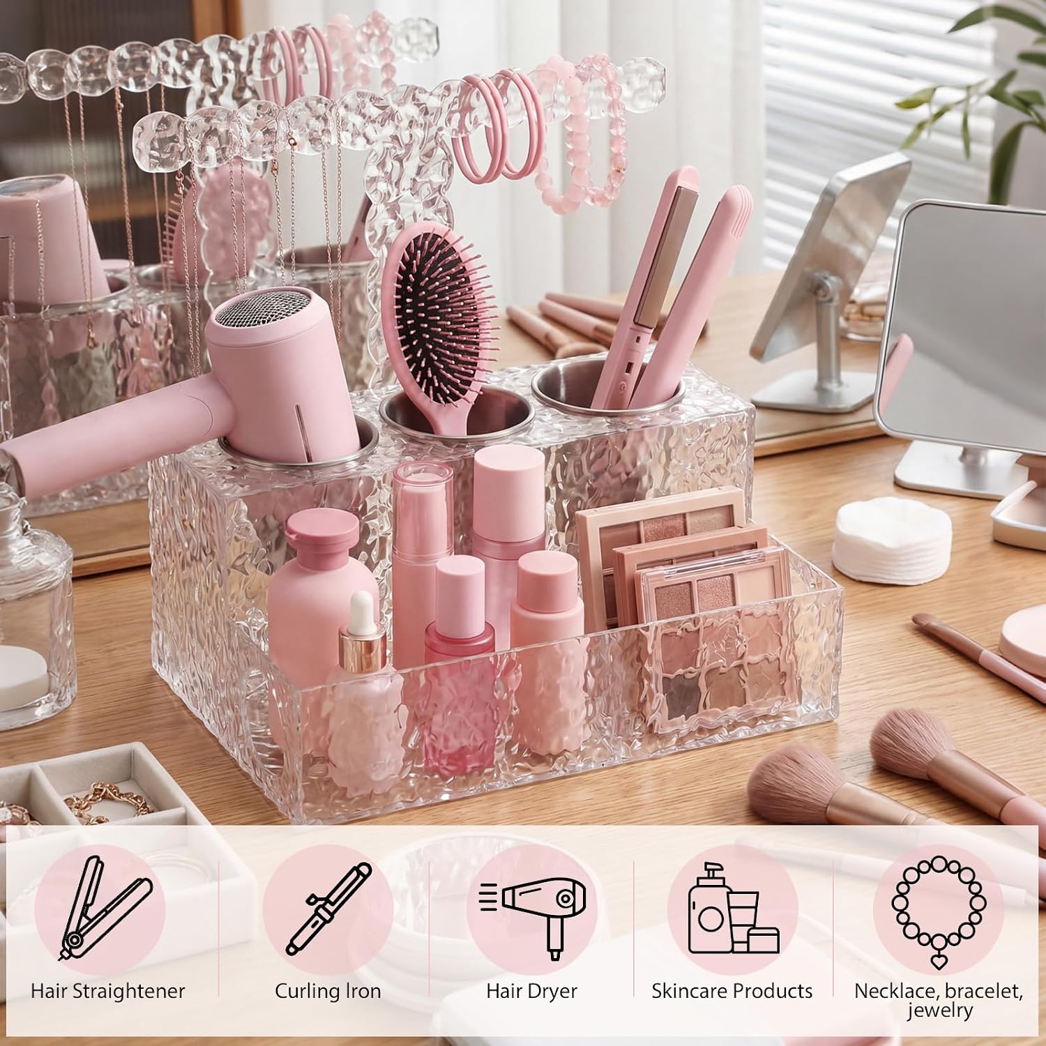 Qunclay Hair Tool Organizer Countertop 8.3 x 7.3 x 11.8 Inch Acrylic Blow Dryer Holder Stand with Hair Clip Display Bathroom Counter Organizer Hairs Styling Accessories for Blow Dryer Toiletries