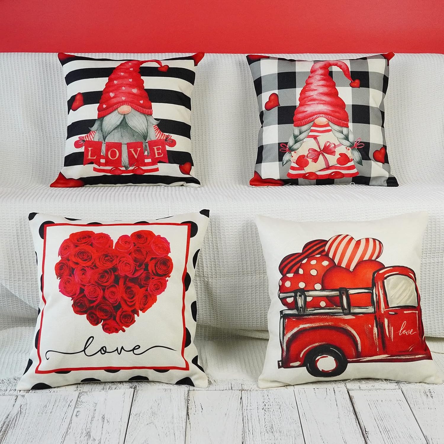 ONWAY Valentines Day Pillow Covers 18x18 Set of 4 Red Rose Heart Truck Love Buffalo Plaid Stripes Decorative Throw Cushion Case for Home Decorations - Image 4