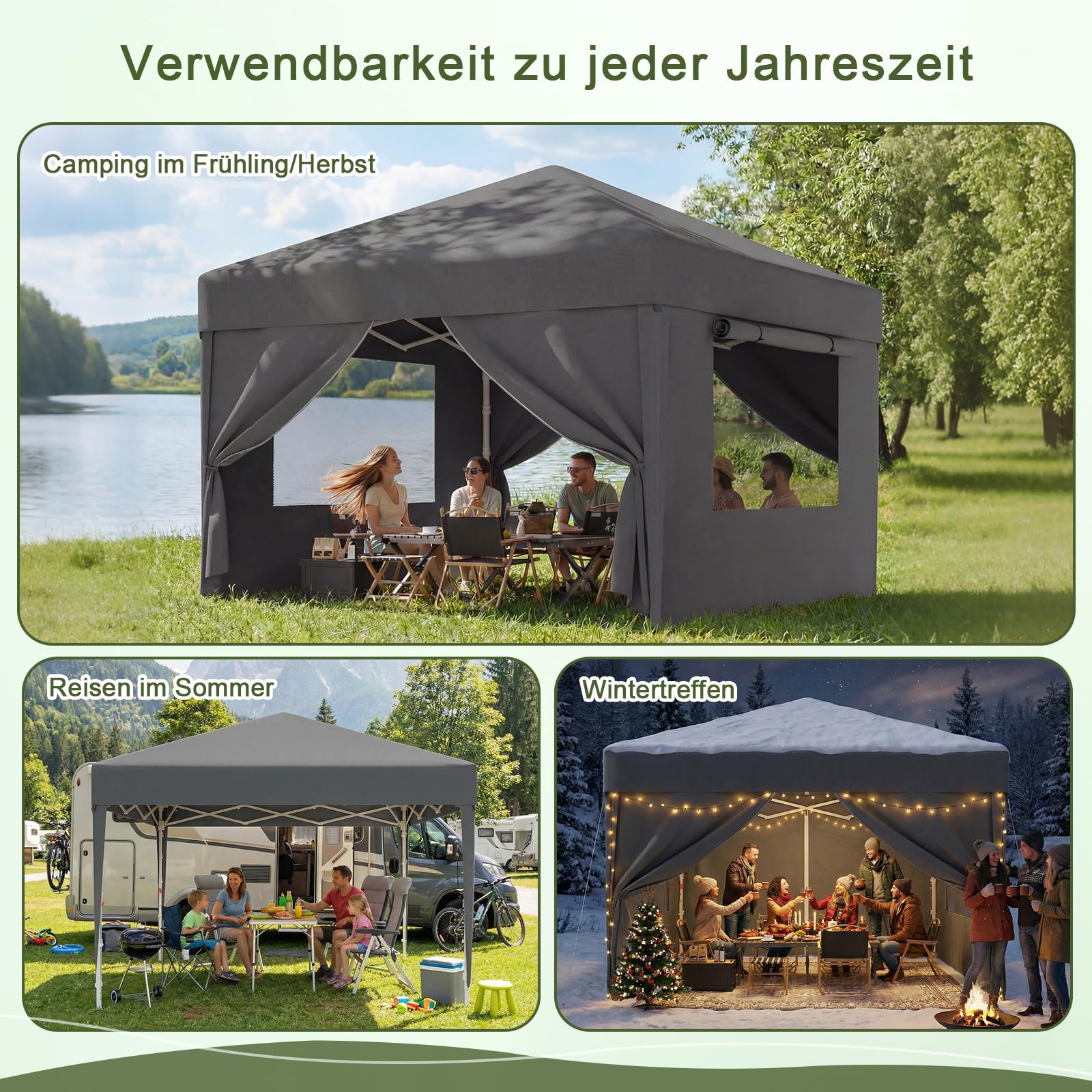JUMMICO Pop Up Faltpavillon, 3 x 3 m Pavillon mit Netzfenstern zur Belüftung, UV-Schutz 50+, mit 4 Seitenwänden, wasserdicht stabil Winterfest，Faltbar Partyzelt Gartenzelt Gartenpavillon, Grau
