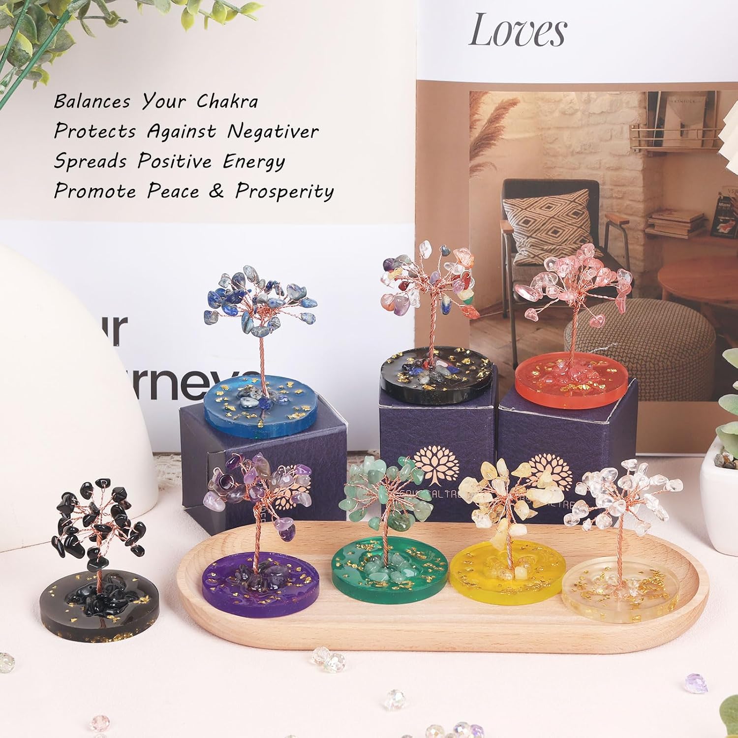 Pretty Jolly Small Mini 7 Chakra Healing Stones Crystals Tree of Life Positive Energy Gemstone Money Tree Meditation Reiki Gifts with Acrylic Glue Base for Home,Office,Desk Feng Shui Decor(Yellow) image 5
