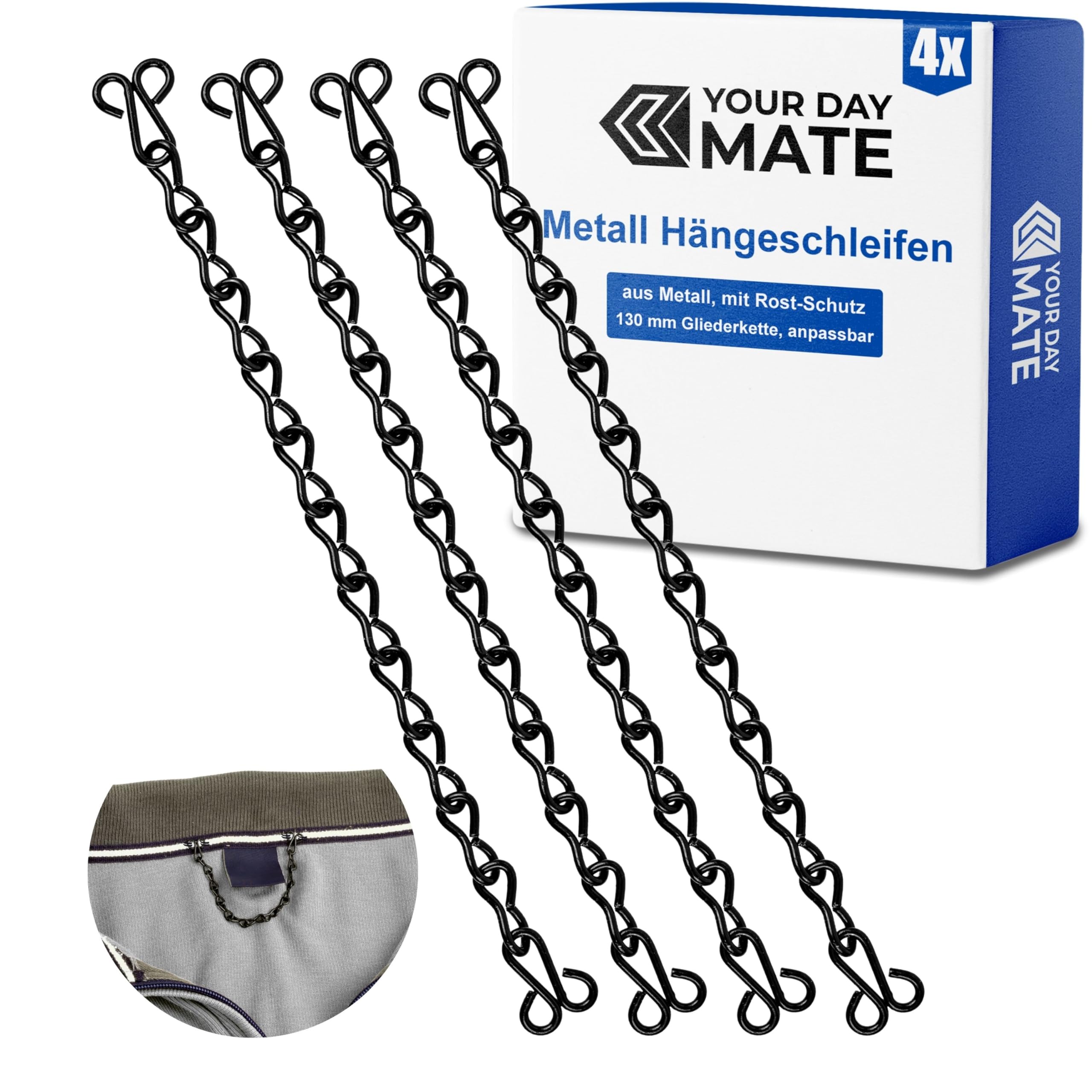 Jacken Aufhänger Schlaufen Set, 4 Stück, in Schwarz, aus Metall, zum Annähen, stabile Metallkette mit Ösen Augen, Reparatur Mantelaufhänger, Mantelketten, Ersatz Mantel Anhänger, Anorak Haken Schleife Küche, Haushalt & Wohnen