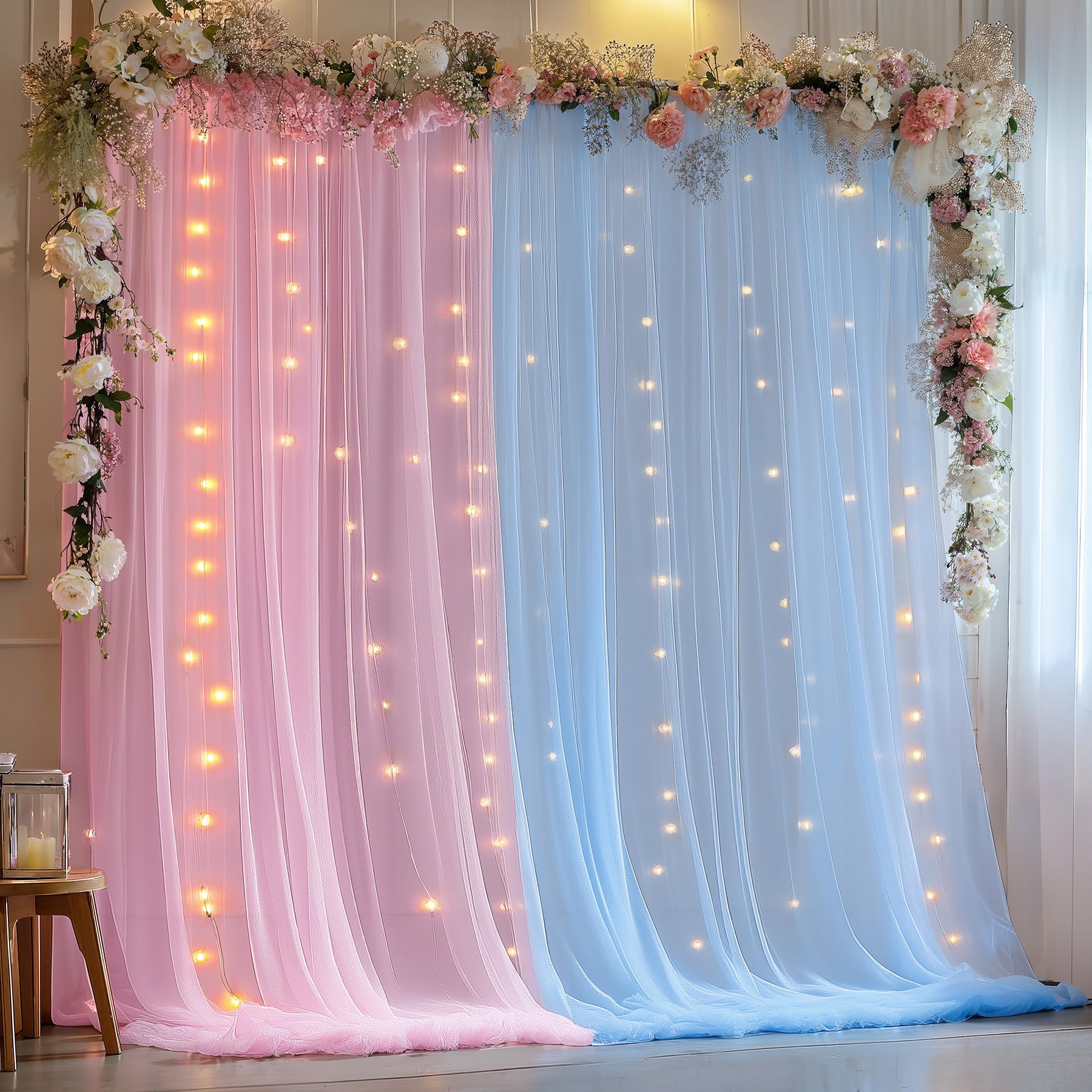 10x10ft Pink Blue Tulle Backdrop Curtain with Lights String for Parites, Sheer Backdrop Curtains for Wedding Baby Shower Birthday Party Photo Shoot