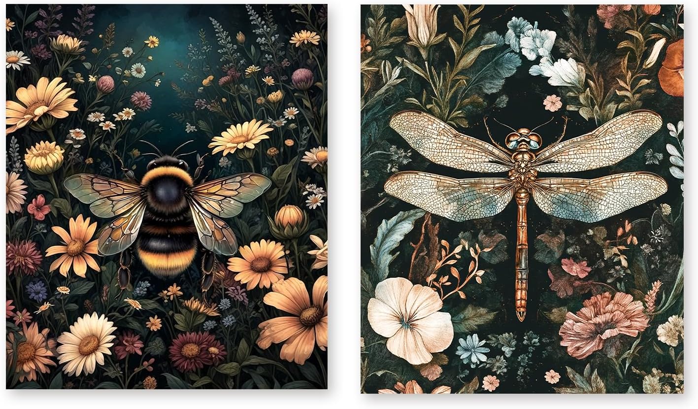 RLTXBUK 2 Pack Vintage Floral Bee Dragonfly Diamond Art Kits, Dark Cottagecore Bee Dragonfly Flower Gem Diamond Painting Art Kits for Adults Kids Beginners, Cottagecore Room Decor 9.8x11.8 Inch