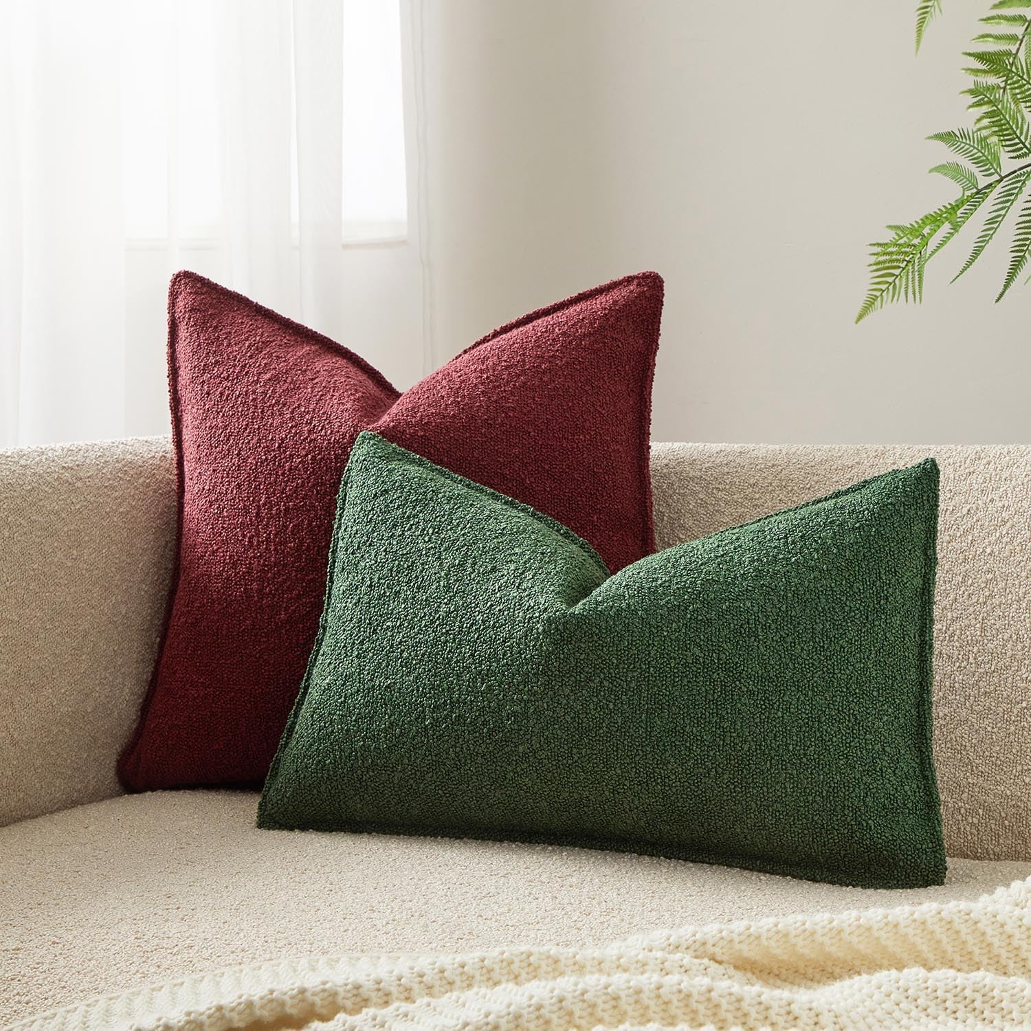 JUSPURBET Green Decorative Pillow Covers 16x24 Set of 2 Throw Pillow Covers for Couch Sofa Bed Cozy Boucle Textured Lumbar Cushion Covers Cases with Hidden Zipper for Living Room Home Decor - Image 2
