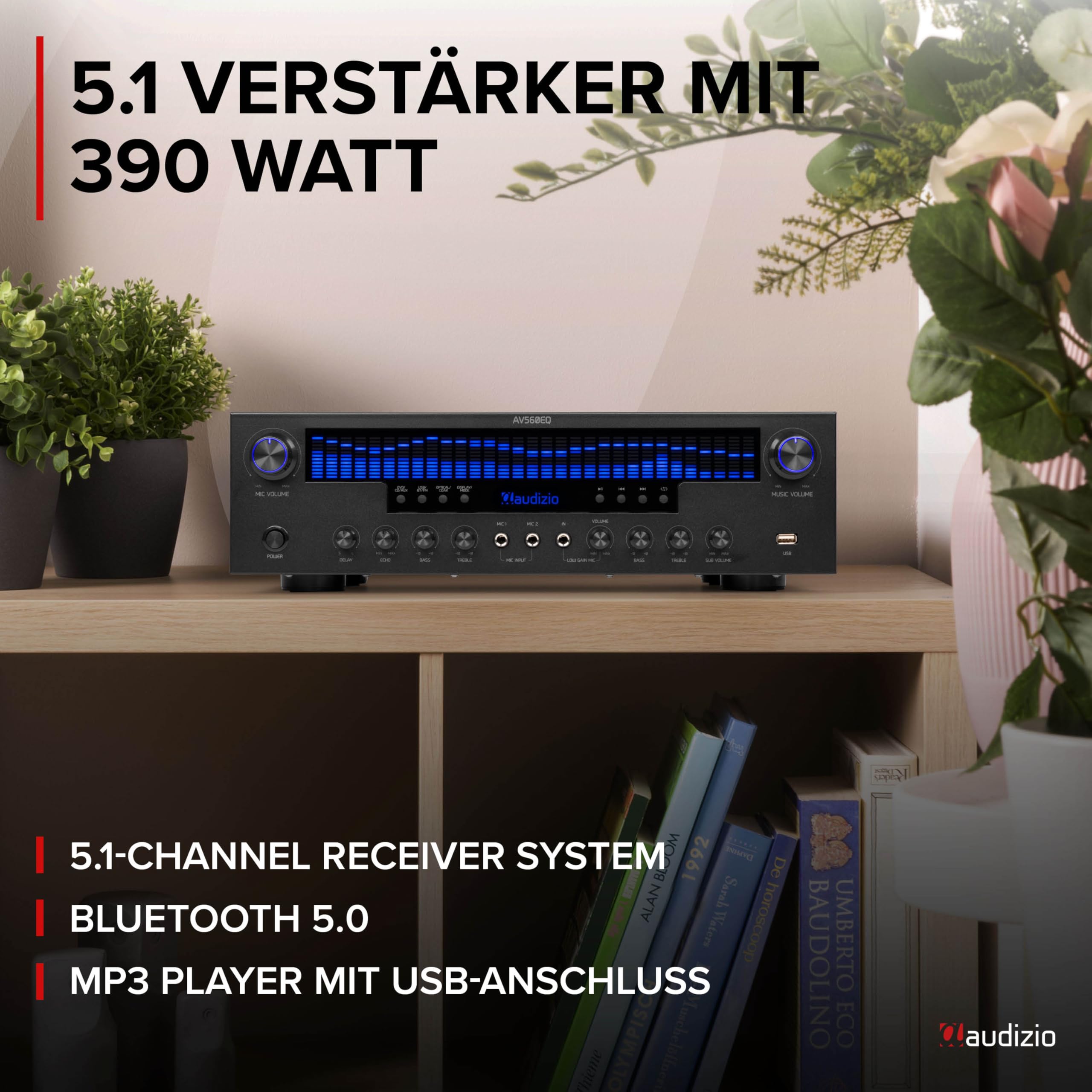 Audizio AV560EQ - 5.1 HiFi Verstärker mit Bluetooth, 390 Watt AV Receiver & Stereoanlage für Heimkino, TV & Musik - Verstärker HiFi Stereo mit Subwoofer-Out, USB, FM-Radio, 2X Mikrofon, Equalizer