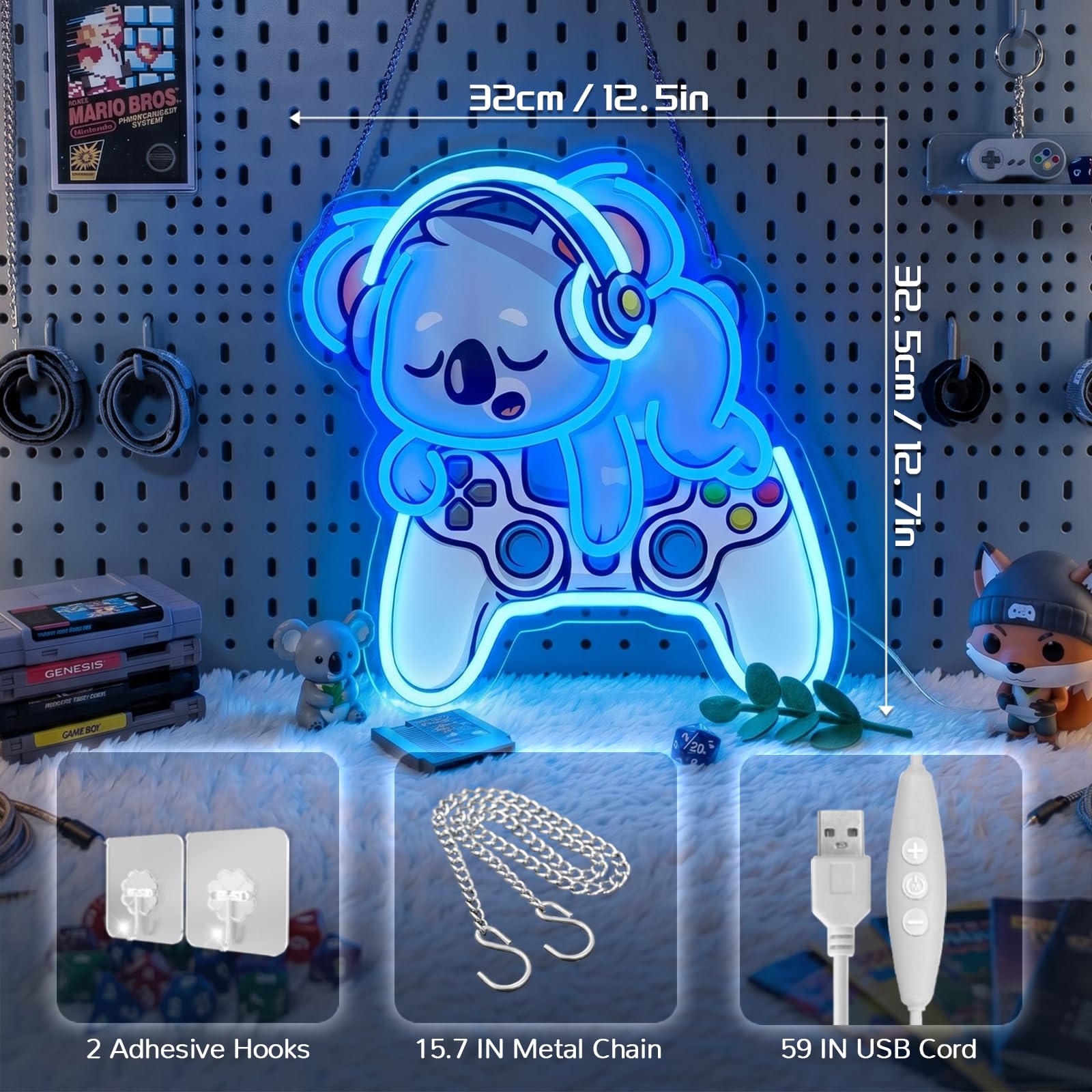 Koala Gaming Neon Sign, lampada da parete a LED con controller di gioco, luce al neon dimmerabile alimentata tramite USB 5V/2A per giocatori, stanze dei bambini, sale giochi e bar di casa