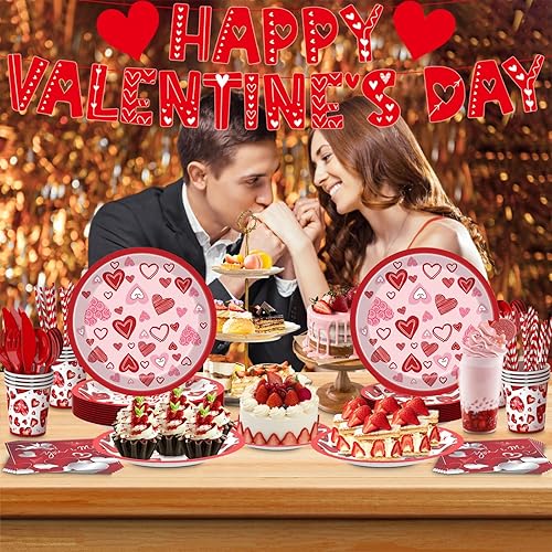 Miniatura 2 de Suministros para fiesta del día de San Valentín, platos de papel desechables de corazón rosa intenso para aniversario familiar, regalos de San