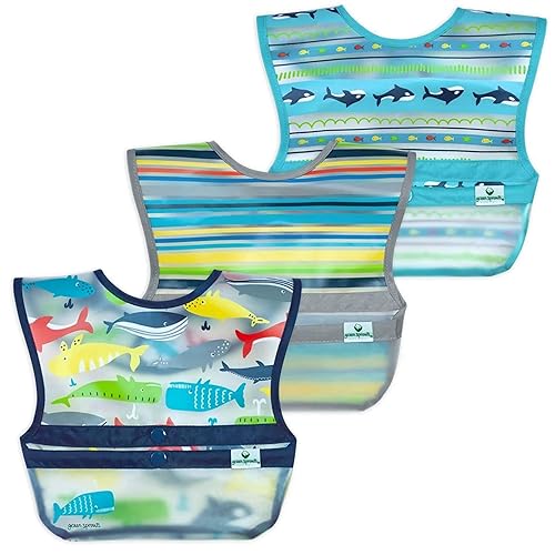 green sprouts Baberos Snap + Go Wipe-off impermeables, fáciles de limpiar, bolsillo para guardar todo, fabricados sin formaldehído PVC, ballenas