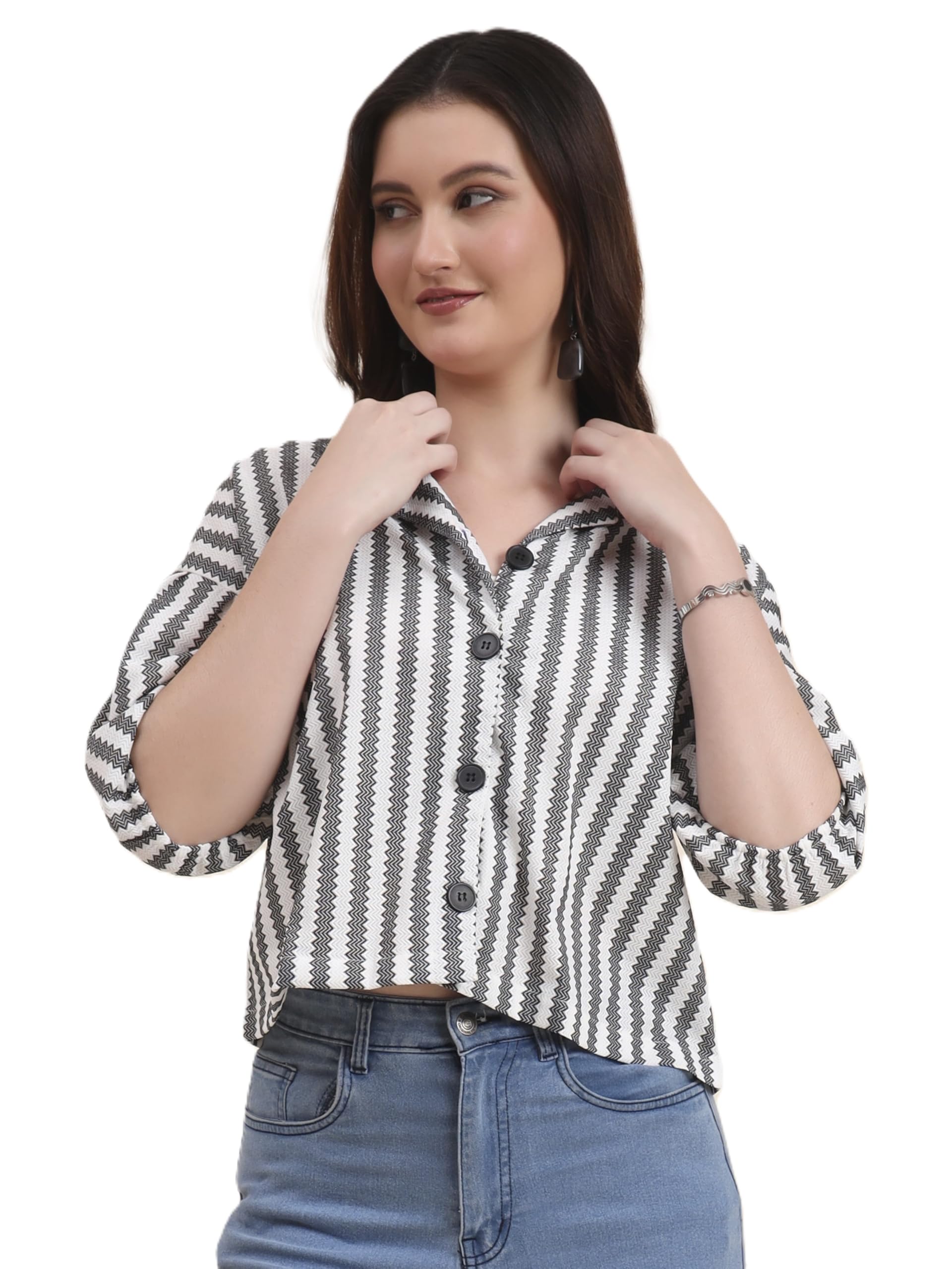 Women's Poly Cotton Blend Solid Pattern Cuban Collar Full Sleeves (C1746)-image-9