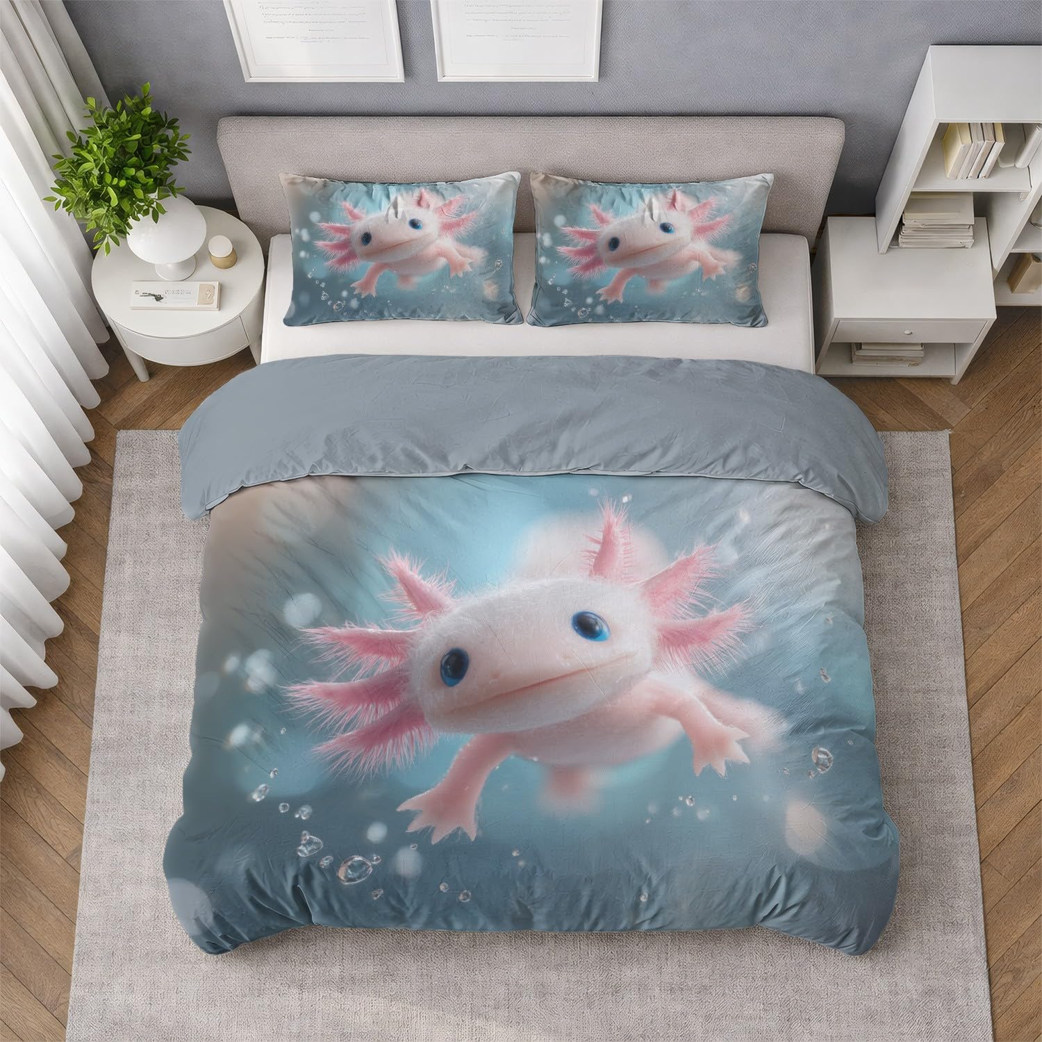 Funda Nórdica Cama 90 Funda de Edredón Azul de Microfibra Juego de Cama para Adulto Dibujos Animados Animales Salamandra Reversible Ropa de Cama con Cremallera y Fundas de Almohada 50x75 CM