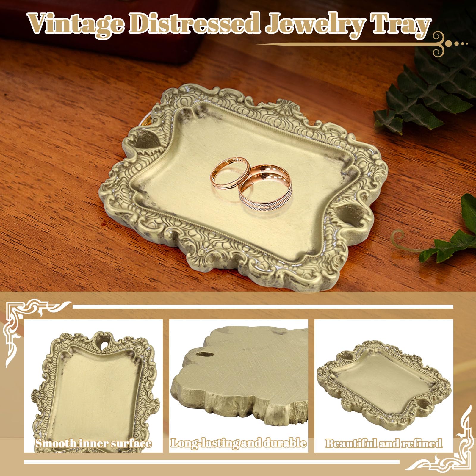 Lot de 2 plateaux à bijoux antiques pour bagues, style baroque, pour commode, collier, bracelet, femme, mariage, anniversaire (couleur laiton)