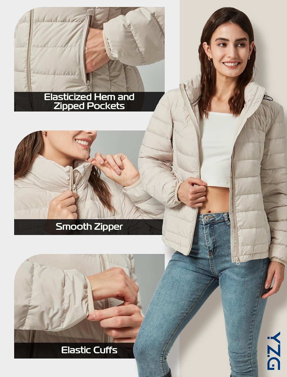 YZG Down Jacket for Women Lightweight Long Sleeve Quilted Puffer Coat with Detachable Hooded - Image 4