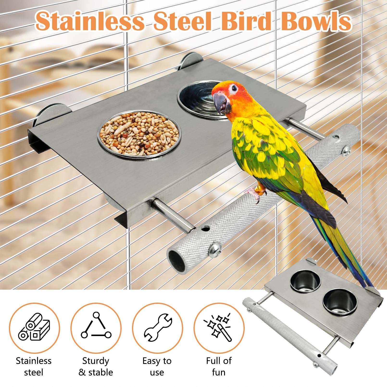 Apatal Stainless Steel Bird Feeder Hanging Parrot Feeder Bowl with Perch Stand Removable Food and Water Cups Bird Cage Accessories for Parakeet Cockatiel Budgie Conure - image 6