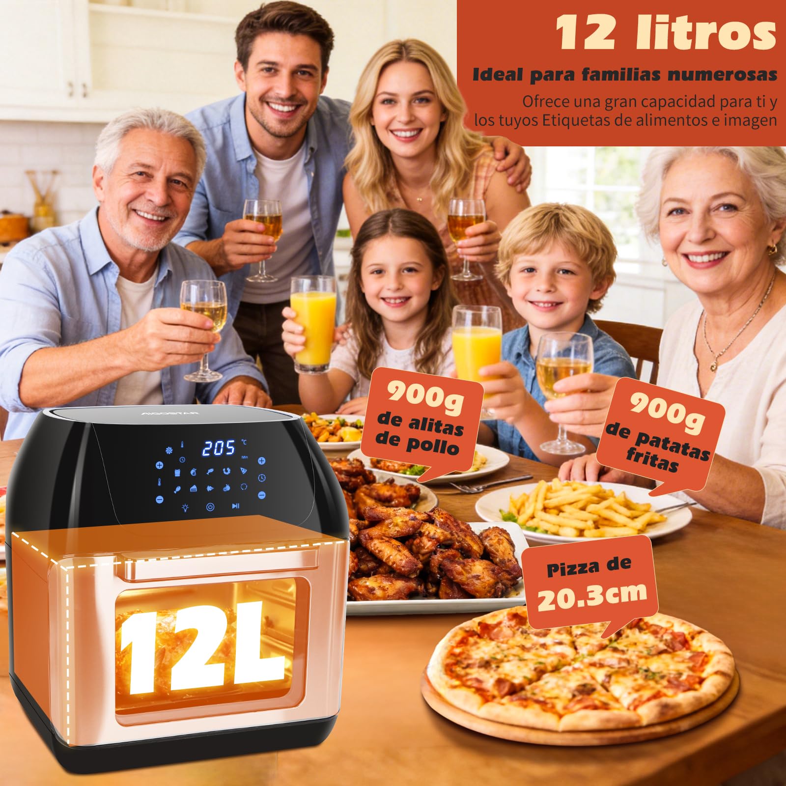 Aigostar Freidora Aire 12L con Sistema giratorio, Horno de Aire 1500W, 9 Programas y Pantalla LED Táctil, Air Fryer de Acero Inoxidable con Ventana Visualización, Accesorios Incluidos, Deshidratador