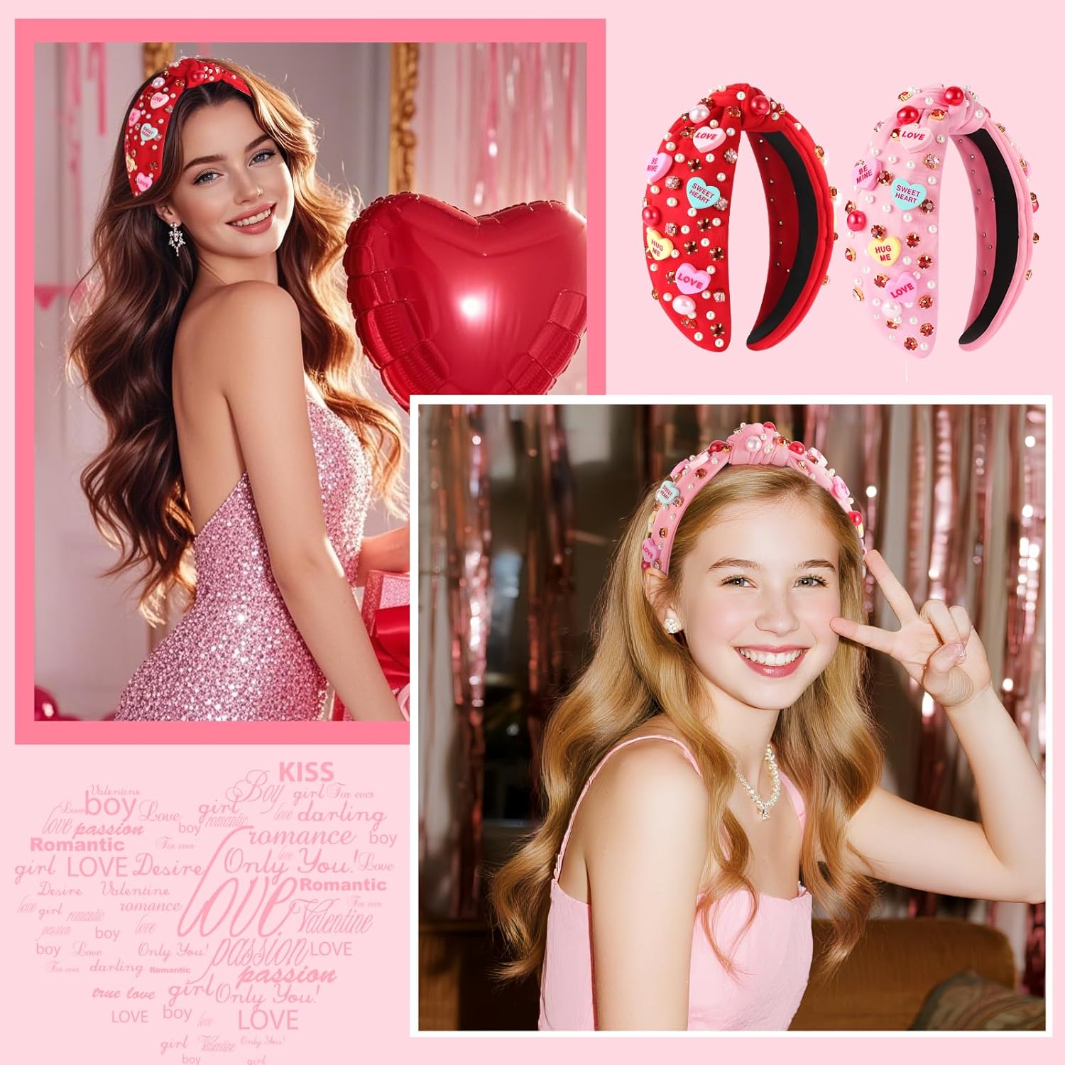 2 Pcs Valentines Day Headband for Women Love Heart Headband Pearl Rhinestone Crystal Jeweled Hairbands Fashion Ladies Hair Band Valentine’s Day Hair Accessories (Red and Pink) - Image 4