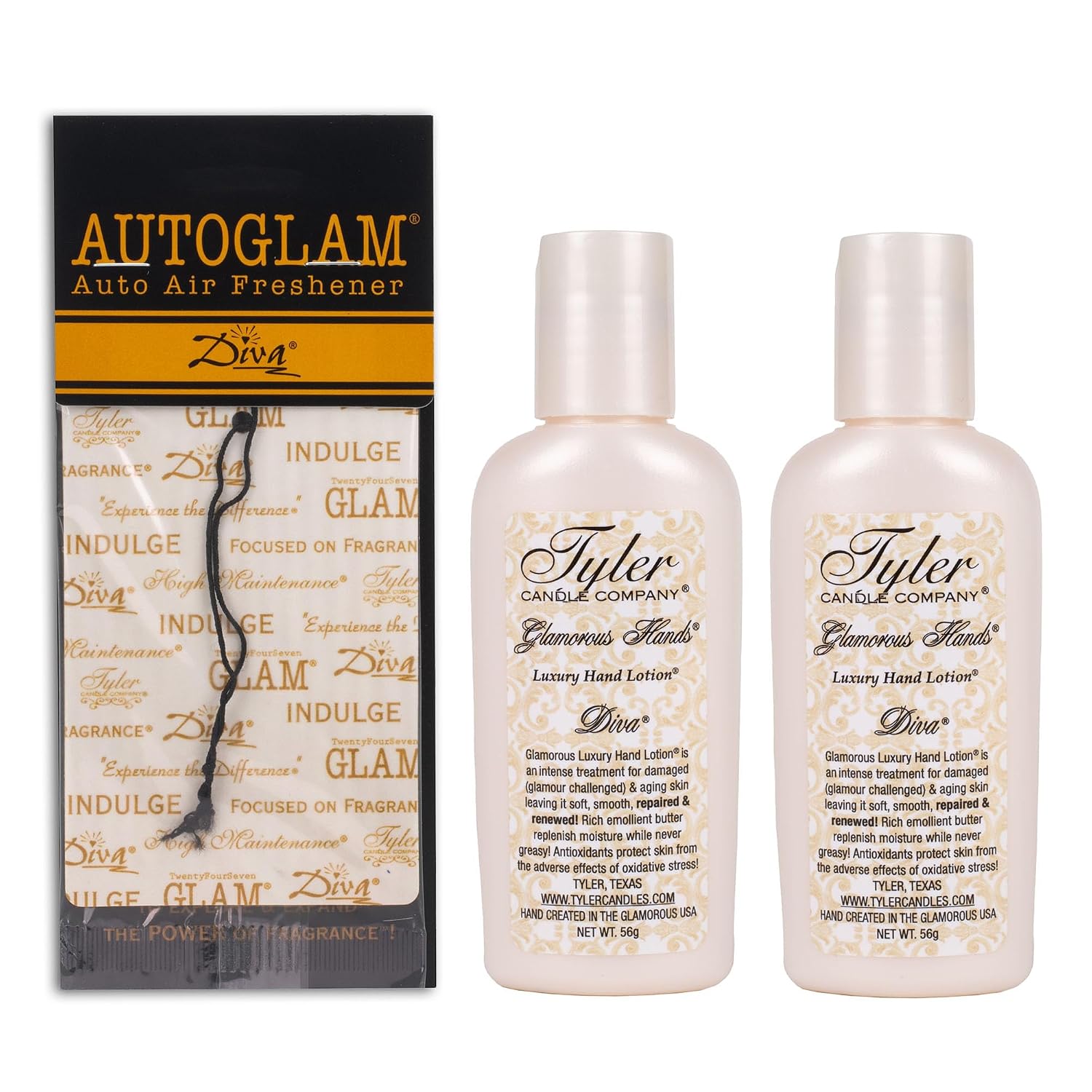 Elanze Designs Tyler Candle DIVA 2 Ounce Hand Lotion and Autoglam Air Freshener Bundle; set of 3
