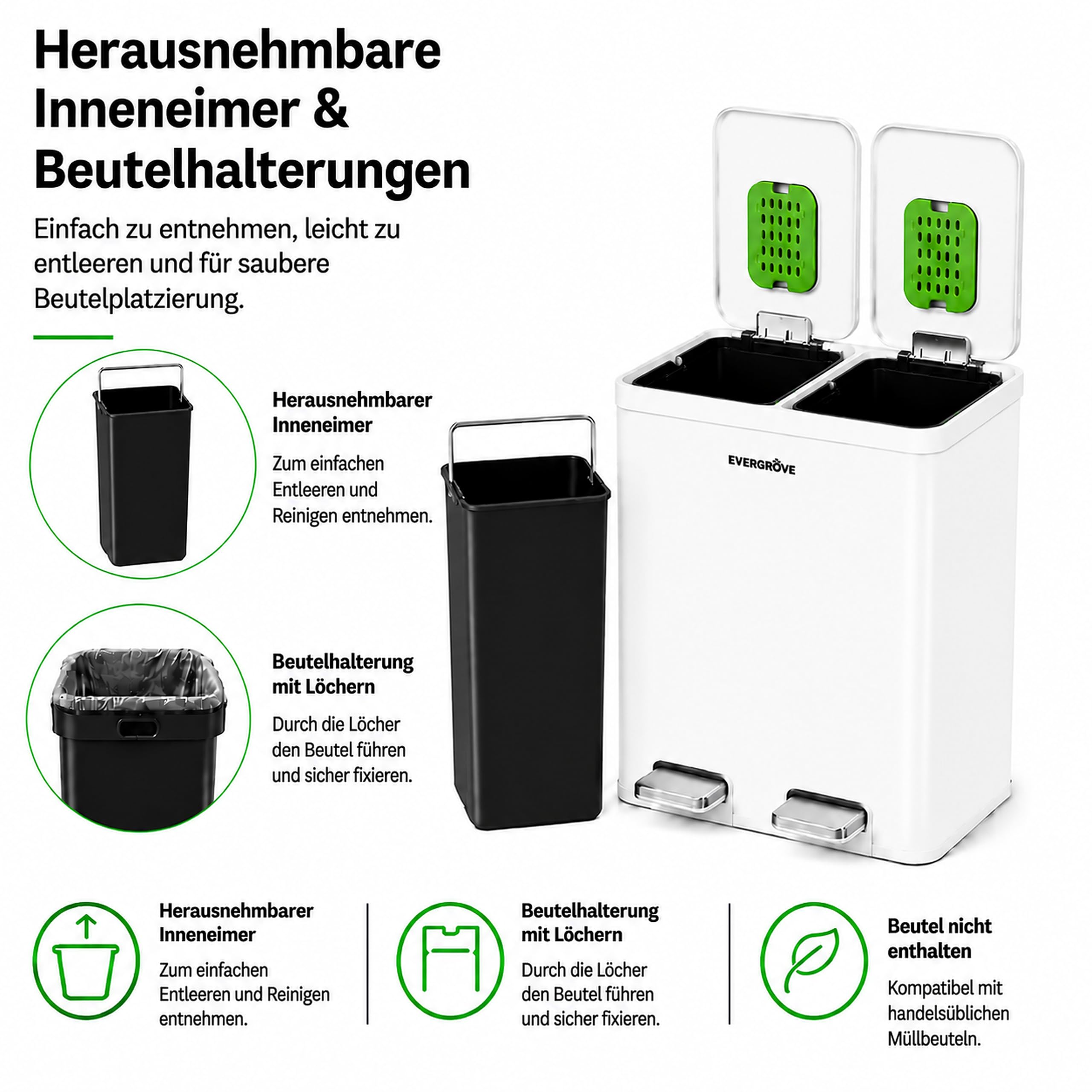 EverGrove 30-Liter-Mülltrennsystem, 2 x 15 L (Weiß) | Gehäuse, Deckel und Pedale aus Edelstahl; zwei PP-Inneneimer, sanft schließende Deckel und ein eingesetzter Geruchsfilter.