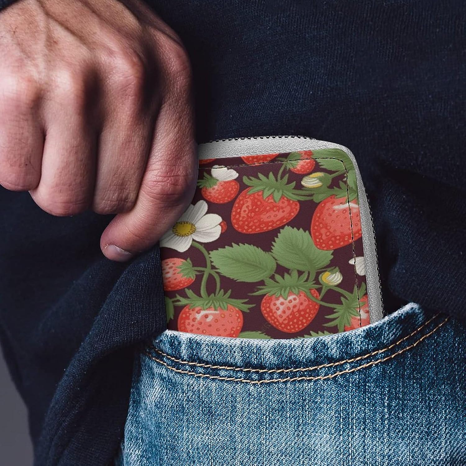 Leather Card Organizer Case Card Wallet Credit Card Holder Strawberry Printed Zipper Card Cases Holder for Women Men