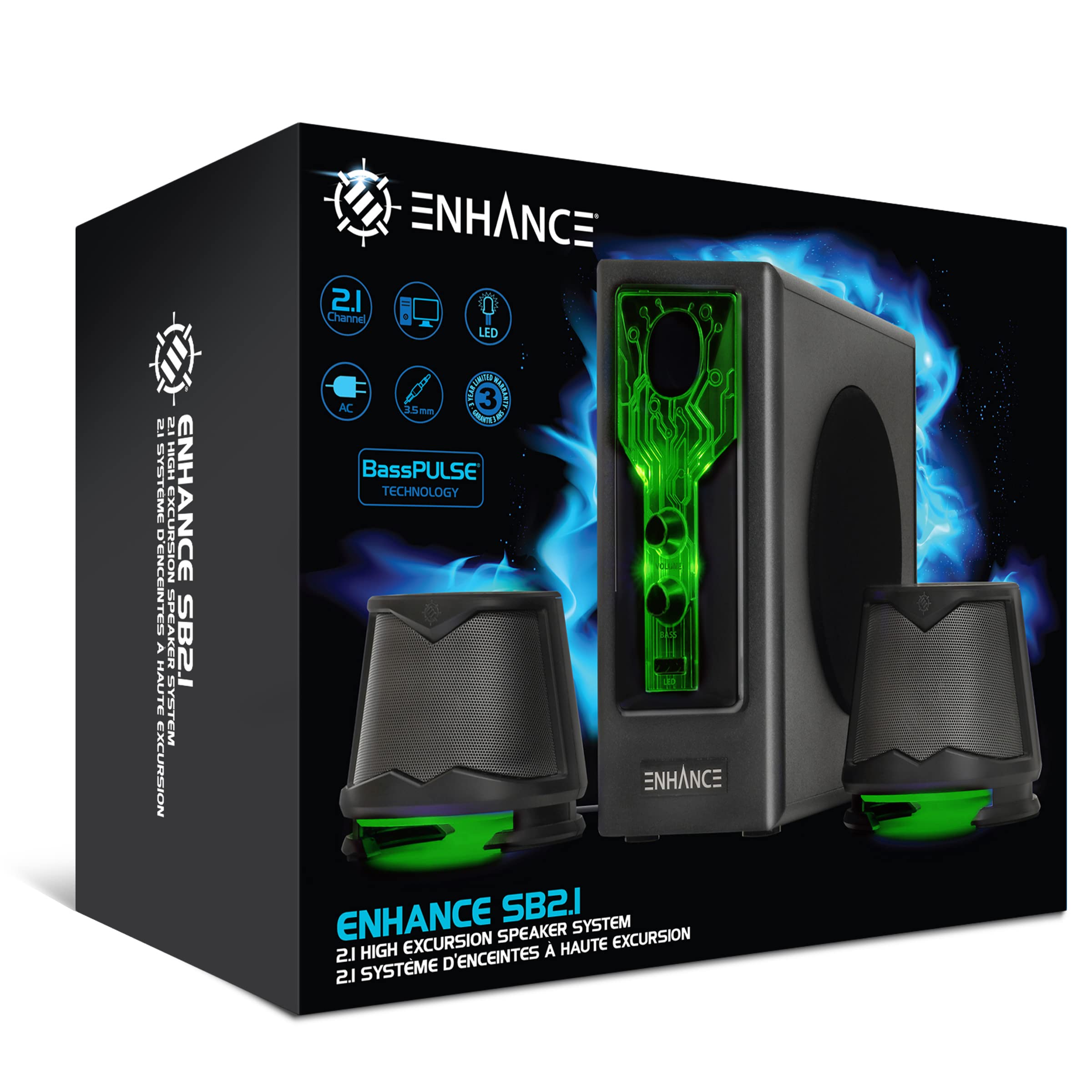 ENHANCE SB 2.1 Altoparlanti per Computer con Subwoofer - Casse Gaming con LED Verte, Sistema Audio ad Alta Escursione, con Jack da 3.5mm, Controllo Volume e Bassi, Compatibili con PC Gaming, Laptop