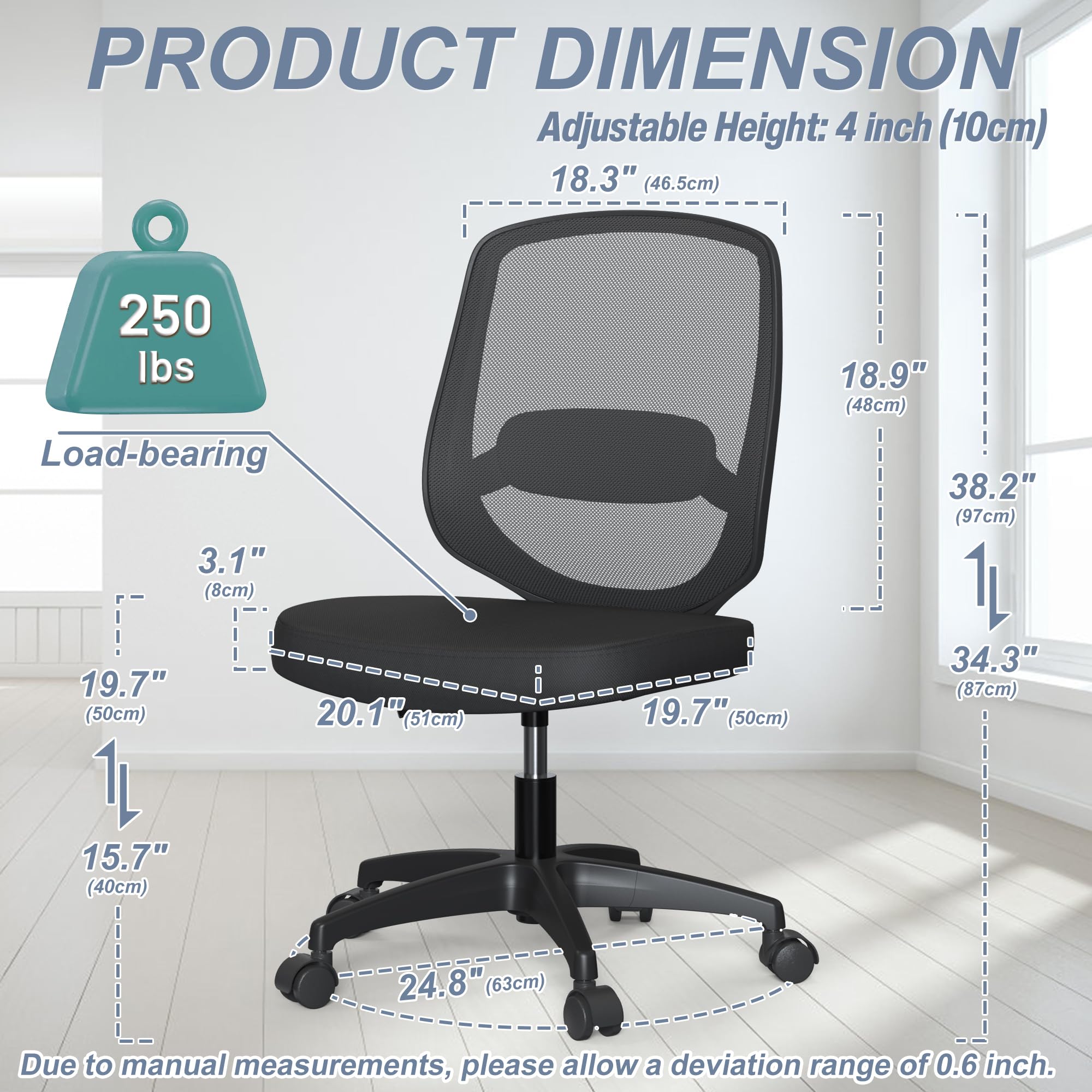 Silla de oficina ergonómica de malla sin brazos para computadora, hogar, altura ajustable, soporte lumbar para espacios pequeños 2
