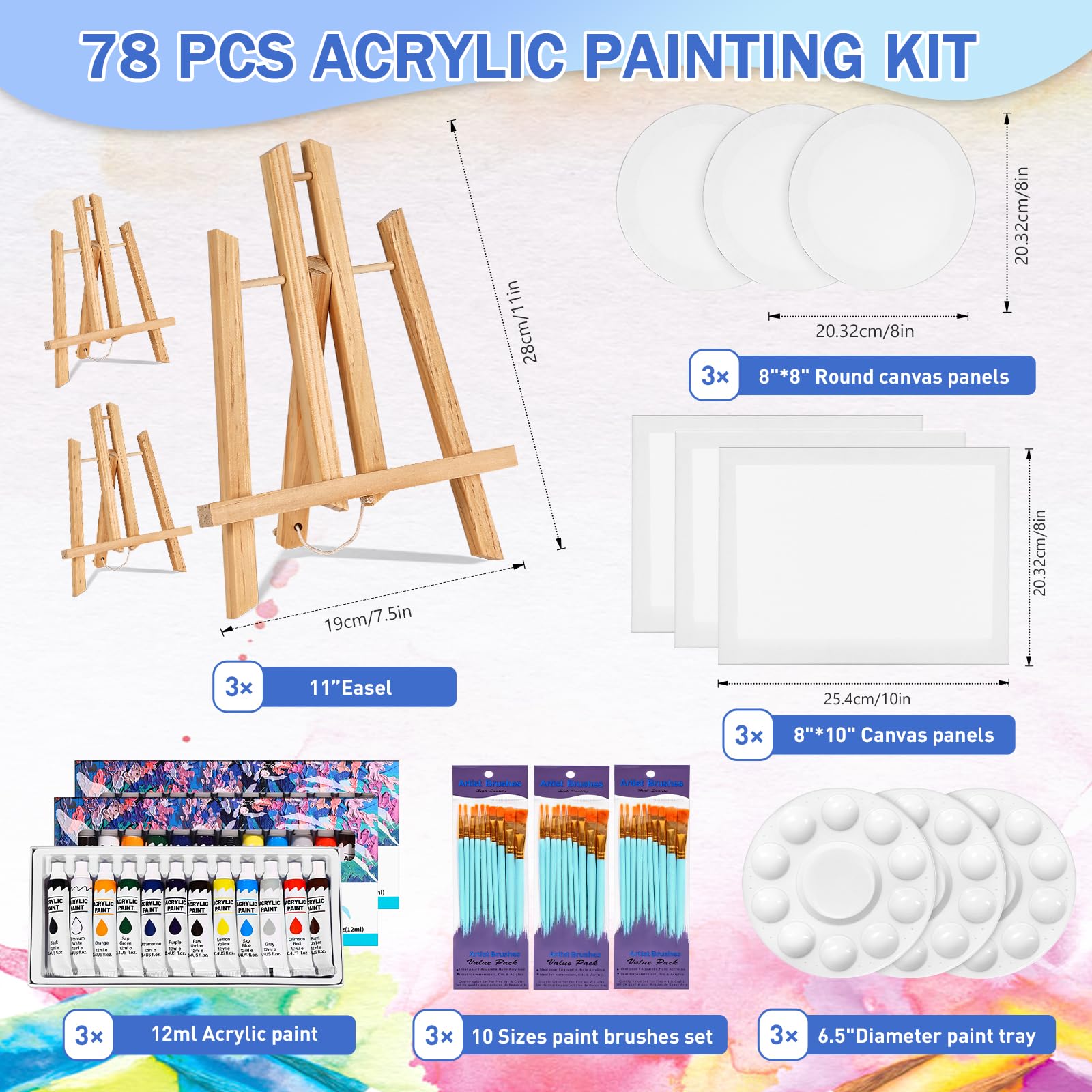 78 PCS Acrylic Paint Canvas Set, Sip and Paint Kits with 3 Wood Easel, 3 * 12 Colors, 30 Brushes, 6 Canvases, Painting Supplies Kit for Kids,Adults, Students, Artists and Beginners