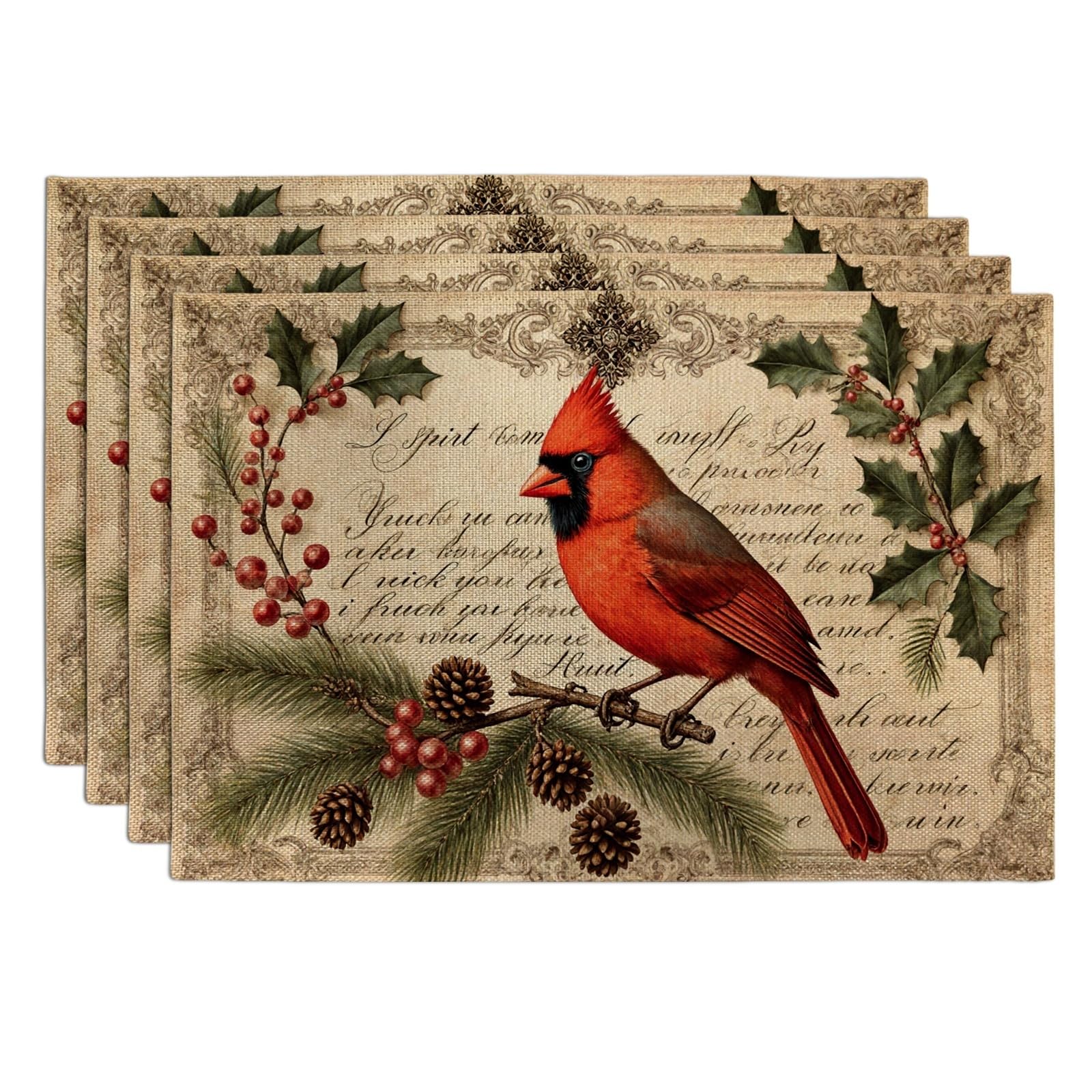 Cardinal Bird Placemats, Vintage Botanical Place Mats for Dining Table, Holiday Non-Slip Washable Indoor Outdoor Kitchen Party Decorative Placemat Set of 6