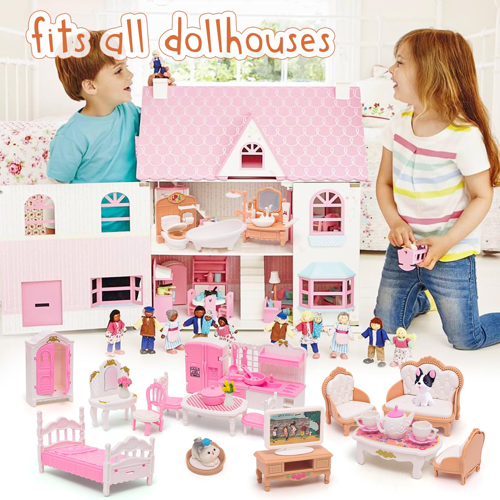 Casa de muñecas Mini muebles de 45 piezas de muebles de casa de muñecas, accesorios de juego de simulación, dormitorio, sala de estar, baño, cocina para niños, cumpleaños y Navidad, colores 7