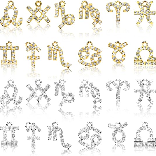 24 Pieces Alloy Zodiac Nail Charms Rhinestone Jewelry Zodiac Signs Nail Studs Charms Twelve Astrology Pendant Decor for Women Girl Making DIY Salon Bracelet Necklace Craft(Gold, Silver)