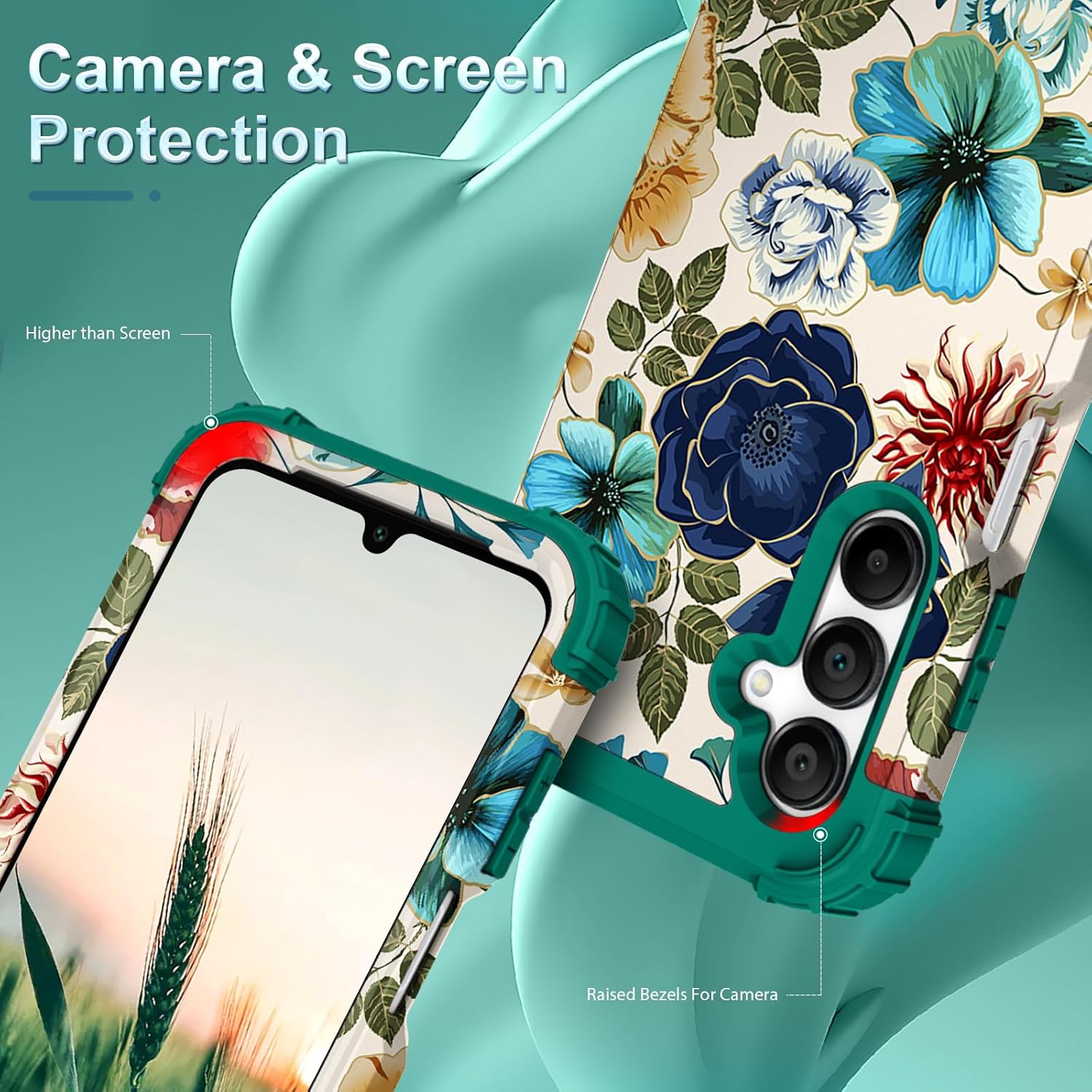 Hocase for Galaxy A16 5G Case, Heavy Duty Shockproof Protection Soft Silicone Rubber Bumper+Hard Plastic Hybrid Protective Case for Samsung Galaxy A16 5G (6.7") 2025 - Teal Flowers - Image 4