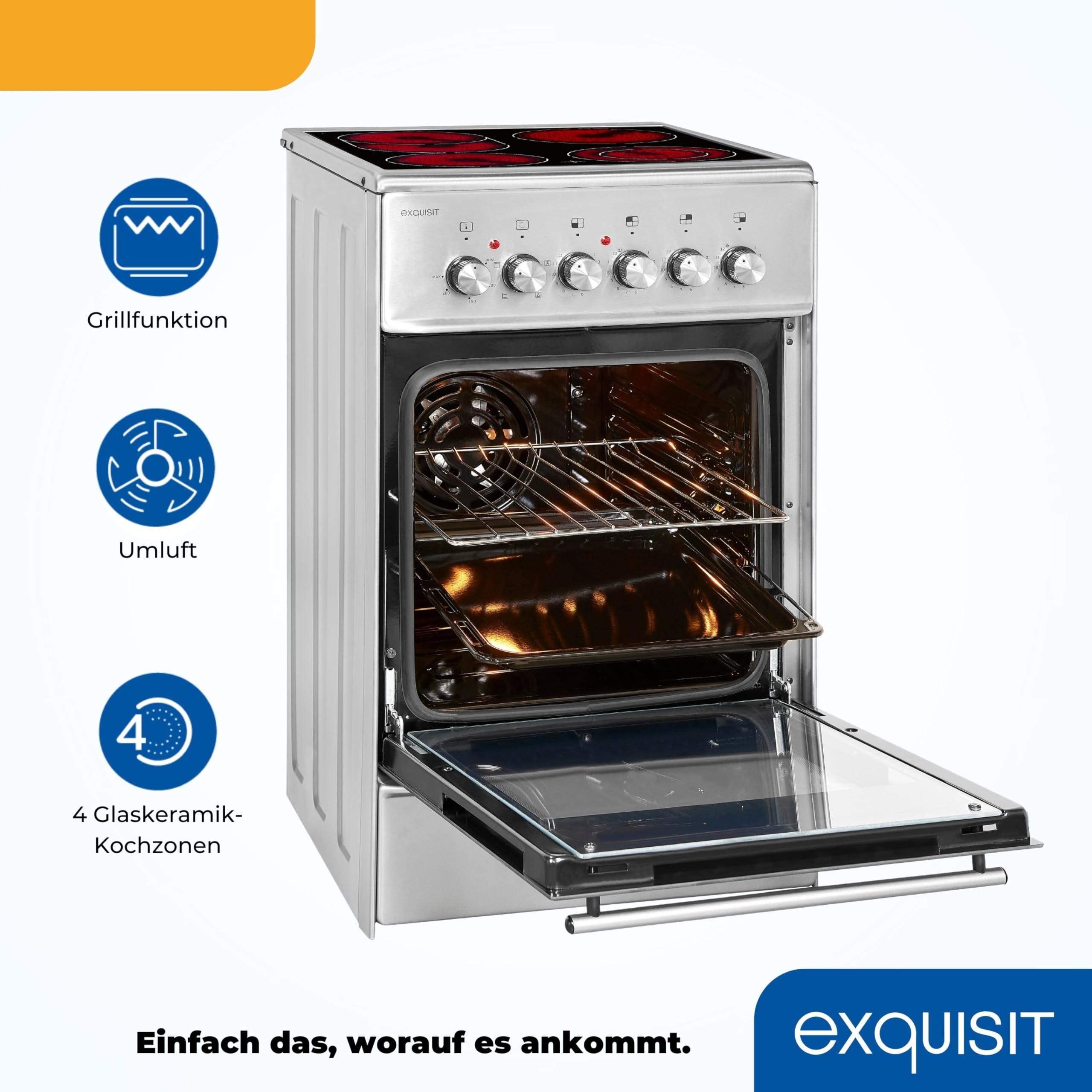 Exquisit Standherd 50 cm ECM 5-4.1 BZ Inox Elektroherd mit Glaskeramik-Kochfeld Umluft Grill 46 L Backofen Energieeffizienzklasse A
