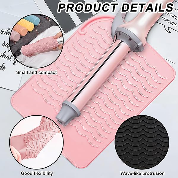 Tappetino termoresistente in silicone 2 pezzi nero e rosa 23x16cm per piastra capelli e ferro arricciacapelli resistente fino a 230°C antiscivolo facile da pulire per casa e salone - 3