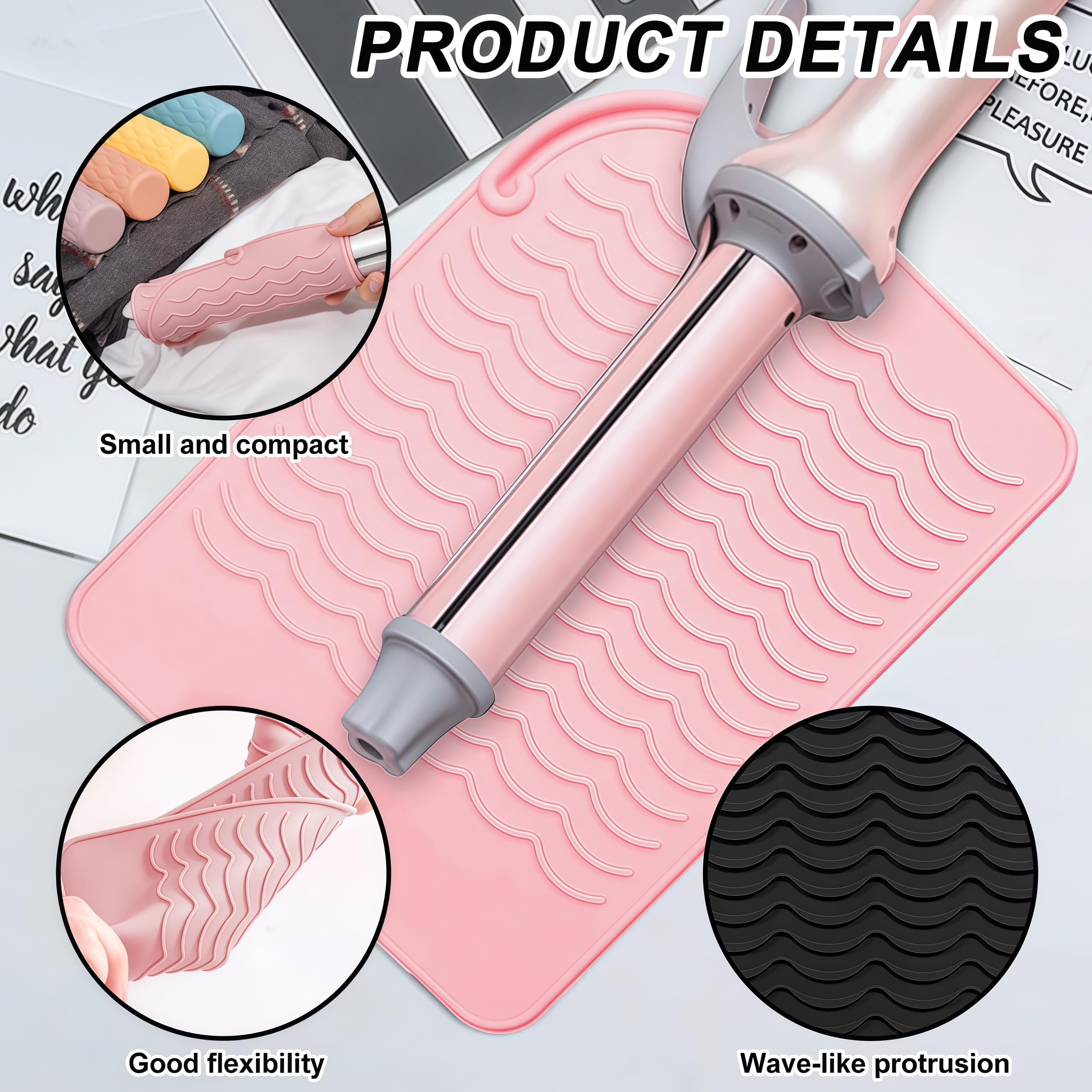 Tappetino termoresistente in silicone 2 pezzi nero e rosa 23x16cm per piastra capelli e ferro arricciacapelli resistente fino a 230°C antiscivolo facile da pulire per casa e salone