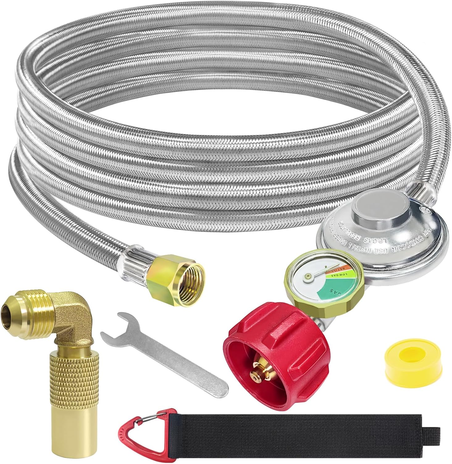 Upgrade 12FT Braided Propane Regulator and Hose with Gauge, QCC1 Propane Adapter Hose Regulator for 20lb Tank with Elbow Adaptor, Replacement Part for Blackstone for Weber LP Gas Grill Heater Fire Pit